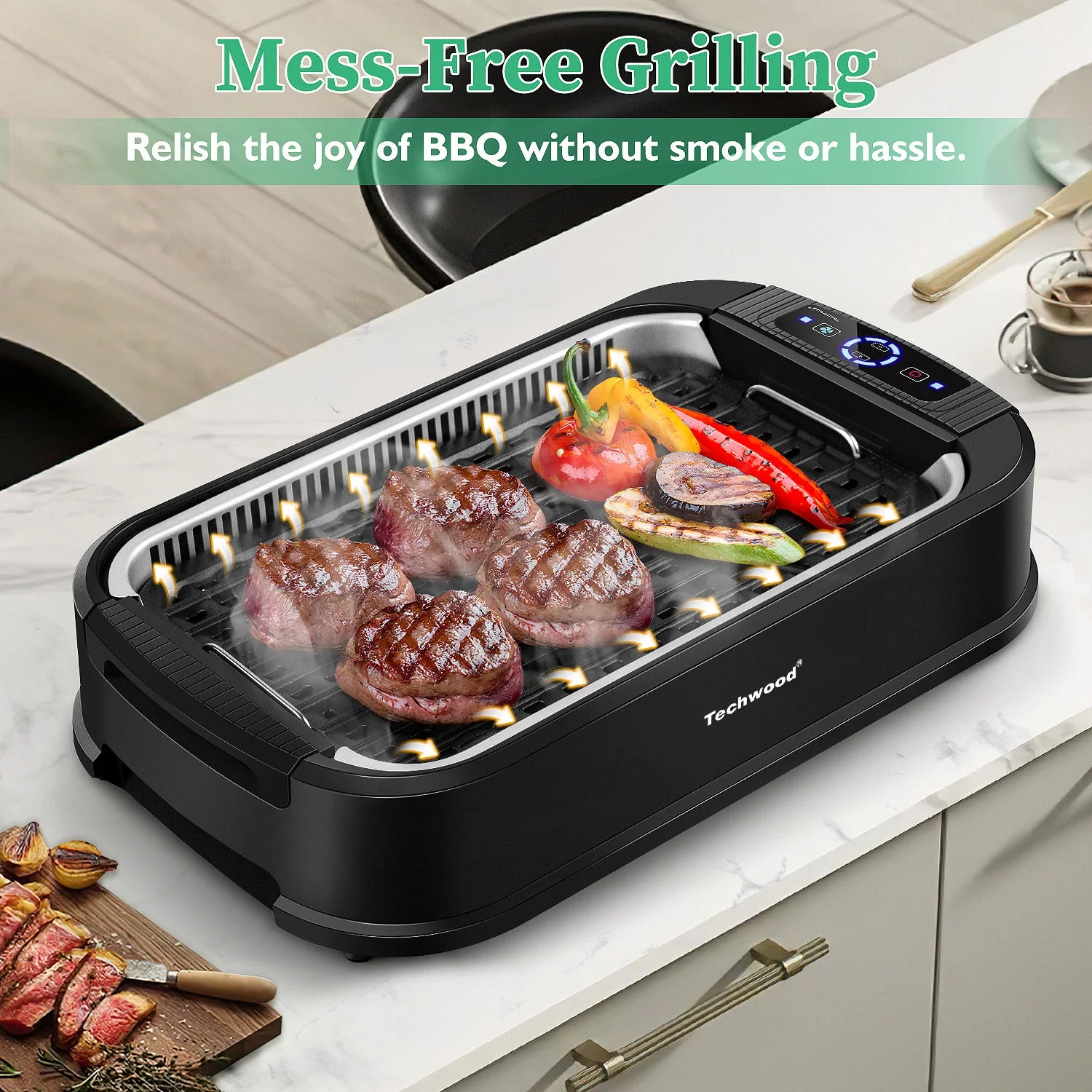 Techwood Indoor Smokeless Grill, 1500W, Black, Electric Portable Korean BBQ Grill with Tempered Glass Lid - Image 6