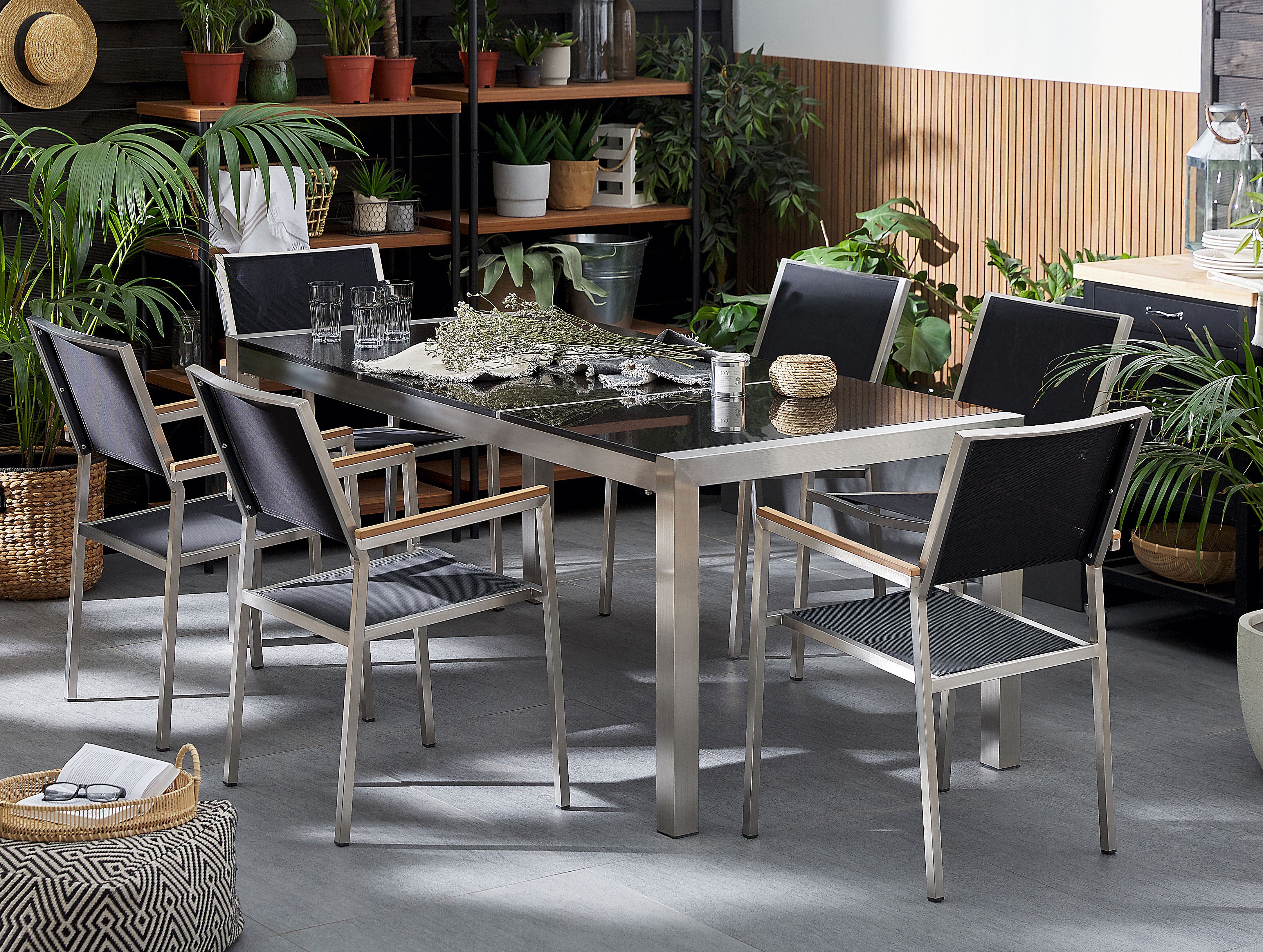 Garden Dining Set 6 Seater GROSSETO Triple Plate Granite Polished Black