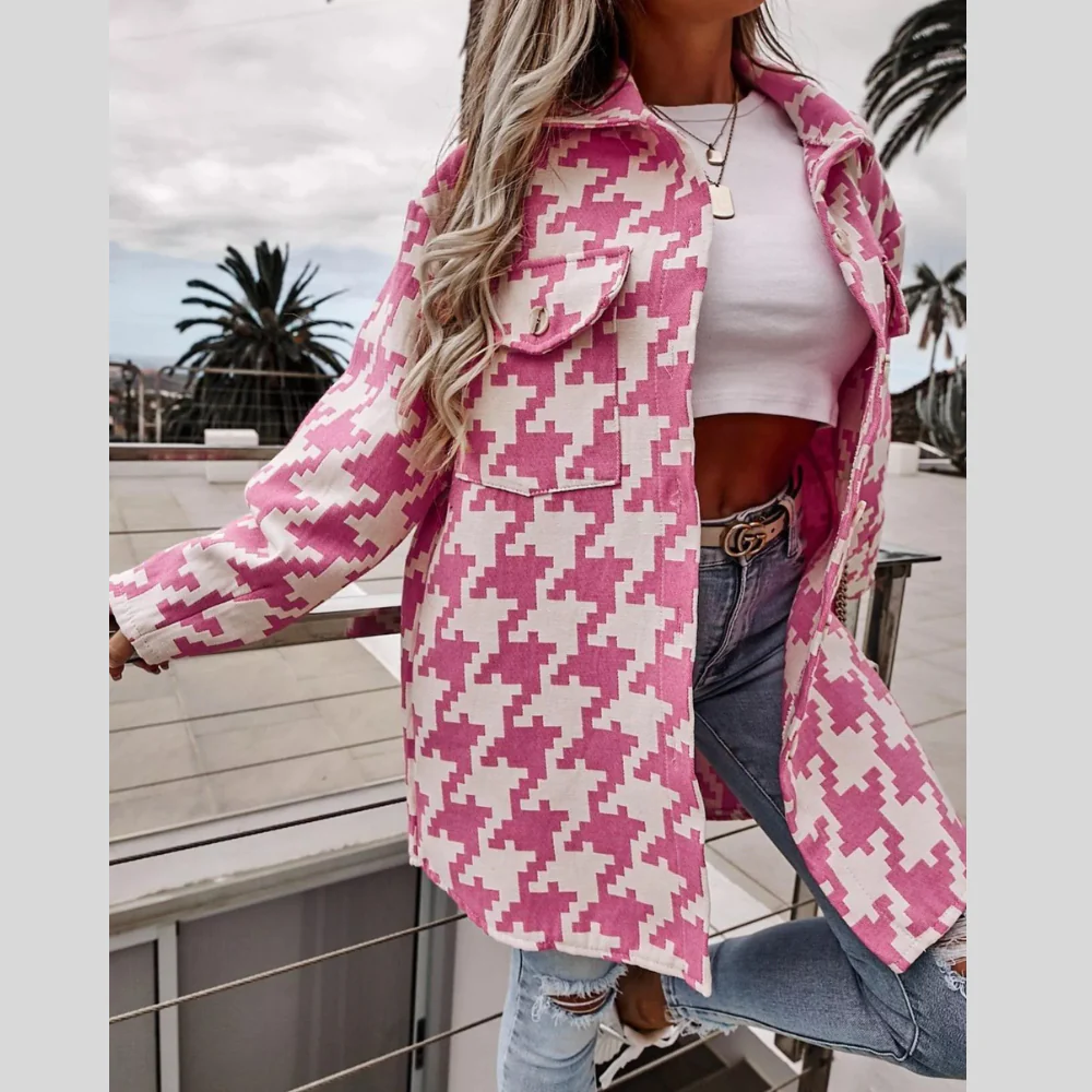 Houndstooth Button Up Long Sleeve Outerwear - ZKZOOK
