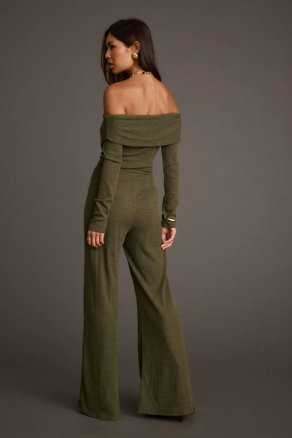 Greenwich Olive Knit Off The Shoulder Jumpsuit