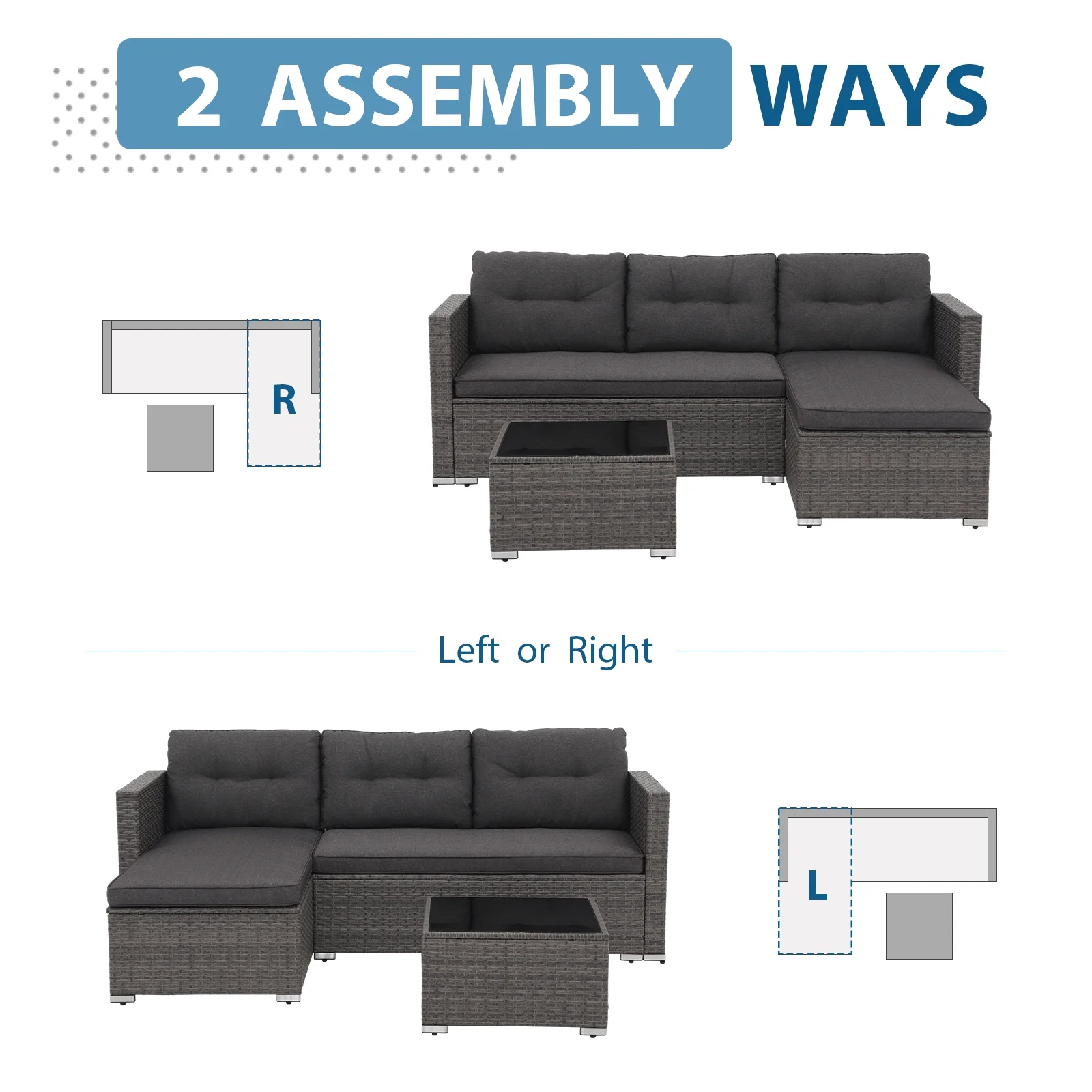 JOIVI 3 Pieces Patio Conversation Set, PE Wicker Rattan Outdoor Furniture Set, 2 Ways Small Sectional Sofa, Tempered Glass Coffee Table, Silver-Gray - Image 39
