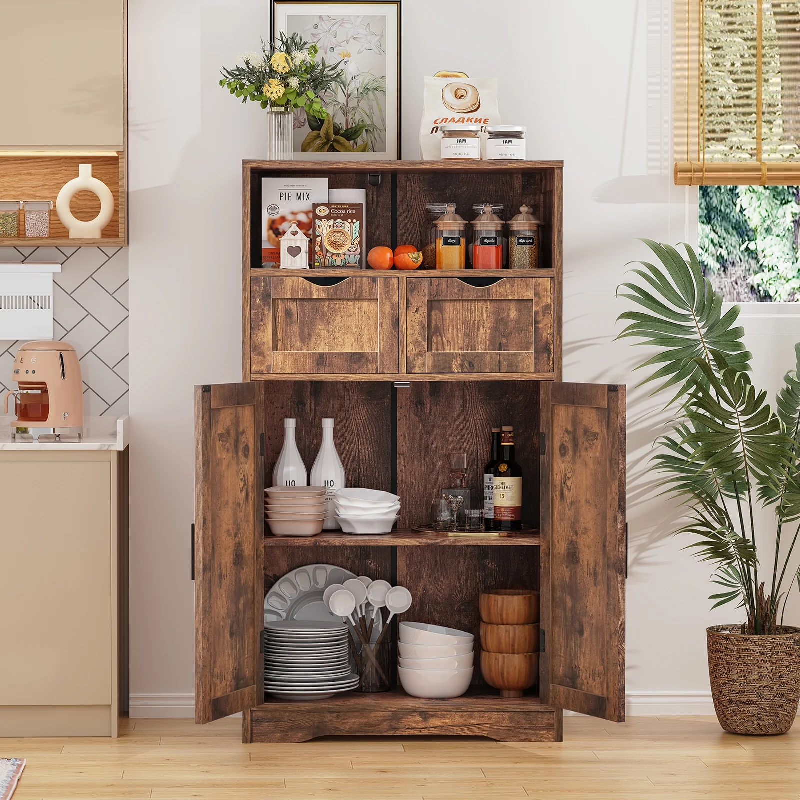 FANGSUM Rattan Storage Cabinet with 2 Drawers & 2 Shelves, Floor Cabinet for Living Room - Image 25