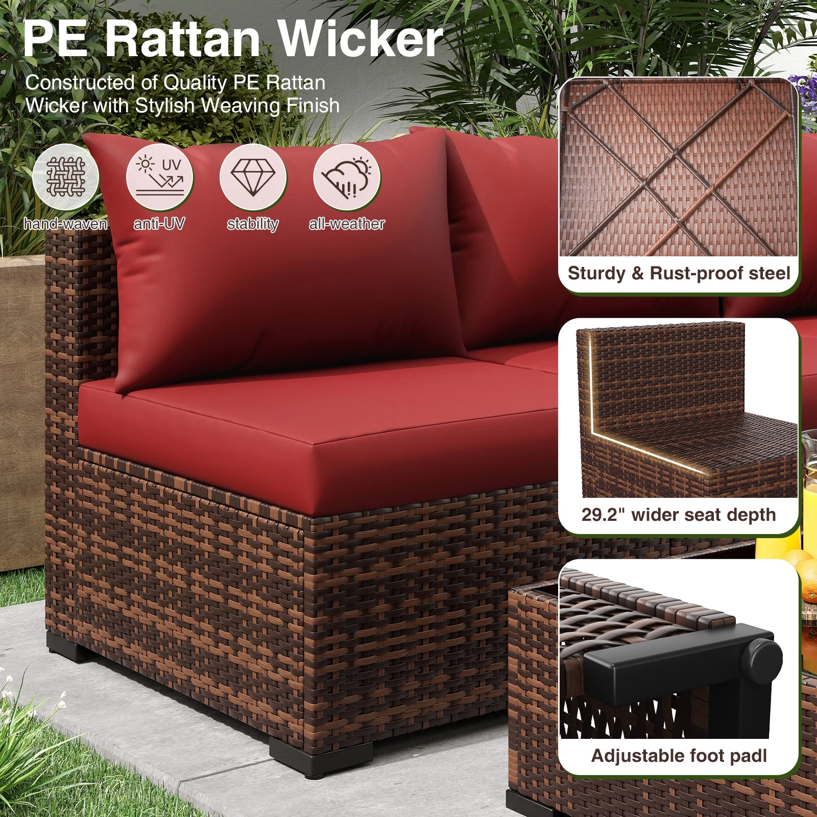 ELPOSUN Patio Furniture Set, Outdoor Patio Furniture Wicker Furniture Couch Set, 5 Pieces Outdoor Sectional Sofa, Patio Furniture Set, Outdoor Patio Set for Balcony Furniture (Grey) - Image 21
