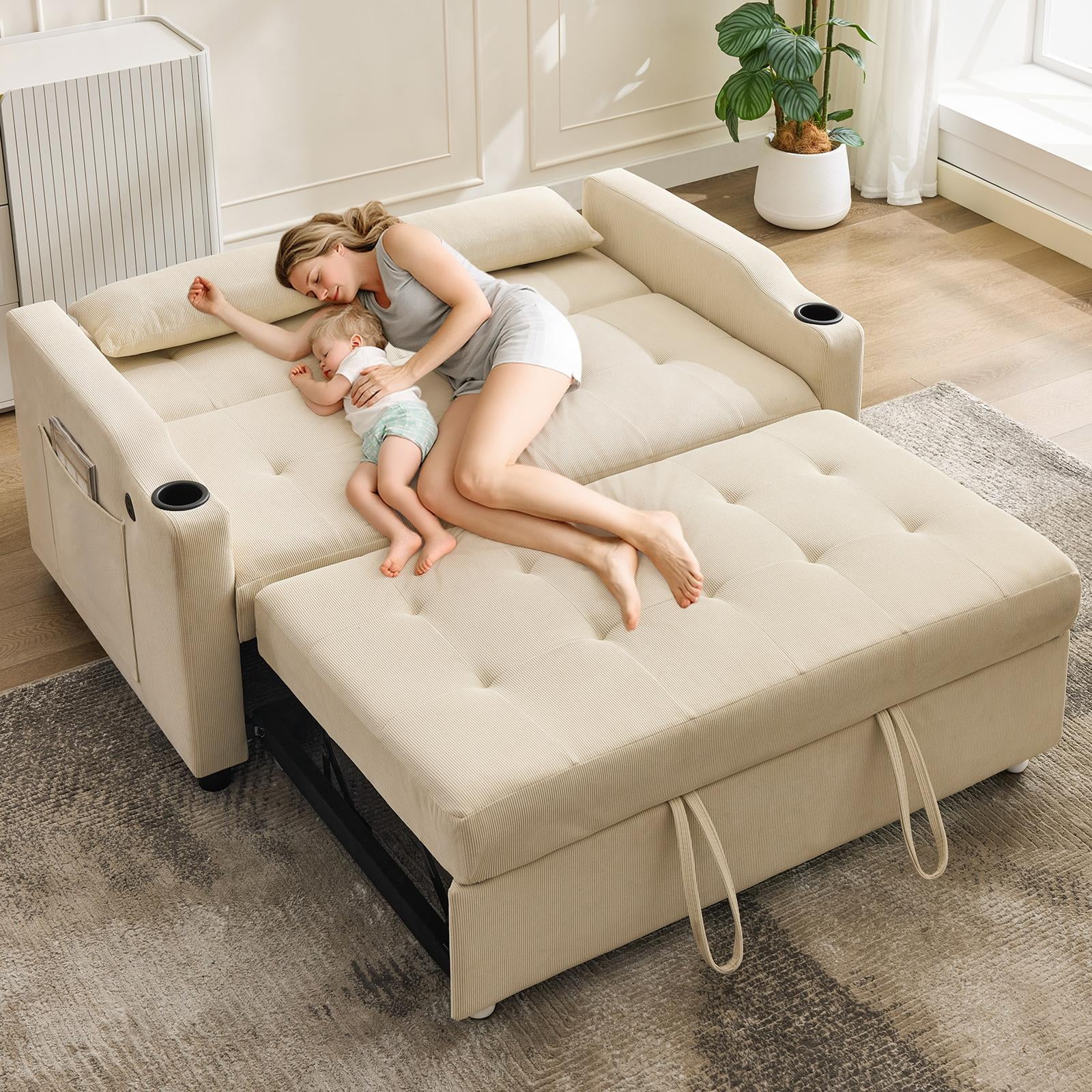 Beige 3-in-1 Convertible Sleeper Sofa Bed with Pull-Out Bed Corduroy Futon with Adjustable Backrest - Image 7