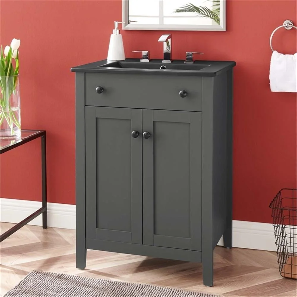 Modway Nantucket Modern Wood/Ceramic Bathroom Vanity in Gray/Black