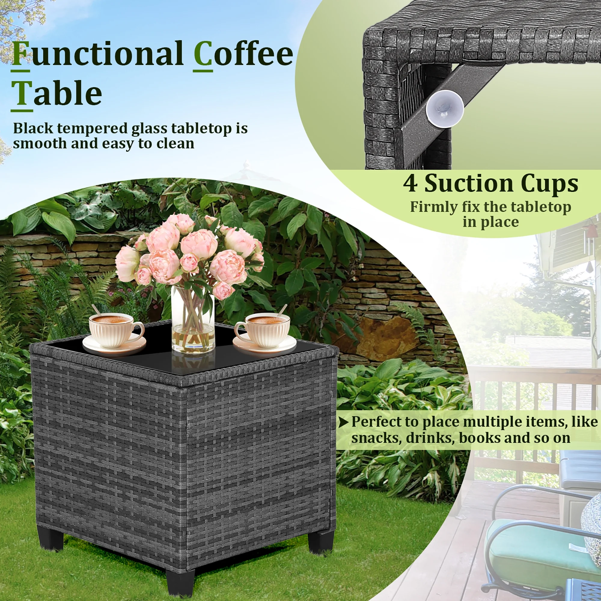 Gymax 3PCS Patio Rattan Sofa Set Outdoor Wicker Conversation Set Glass Tabletop w/ Grey Cushion - Image 7
