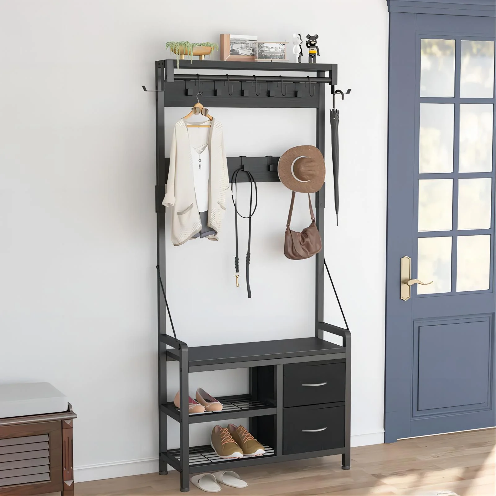 GIKPAL Coat Rack with Shoe Bench Hall Tree with Hooks and Storage, 5 In 1 Intelligent Design Entryway Bench with Coat Rack