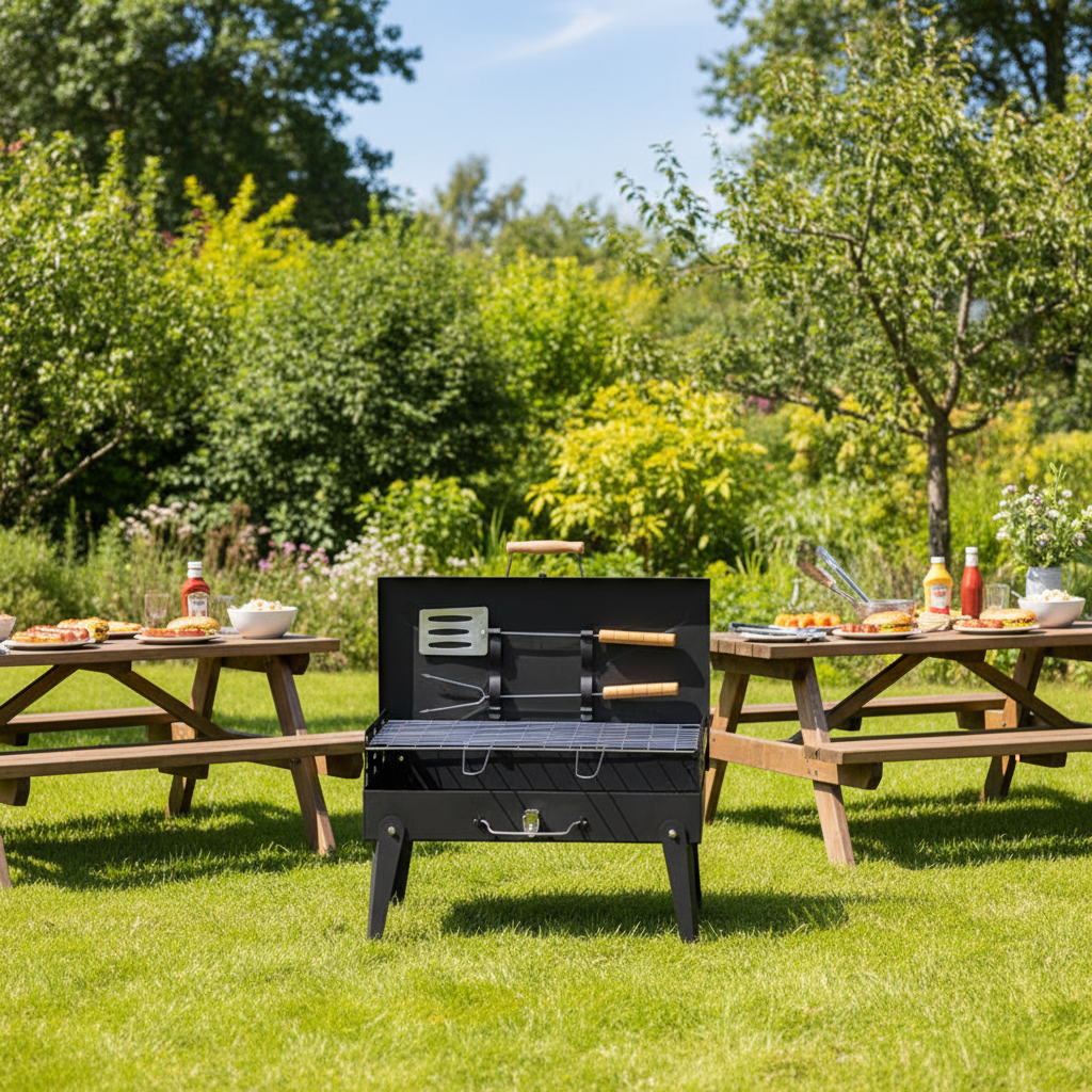 Easily Assembled Modern Portable Folding Cast Iron Charcoal Grill with Remote Control-Smokeless Outdoor Camping BBQ