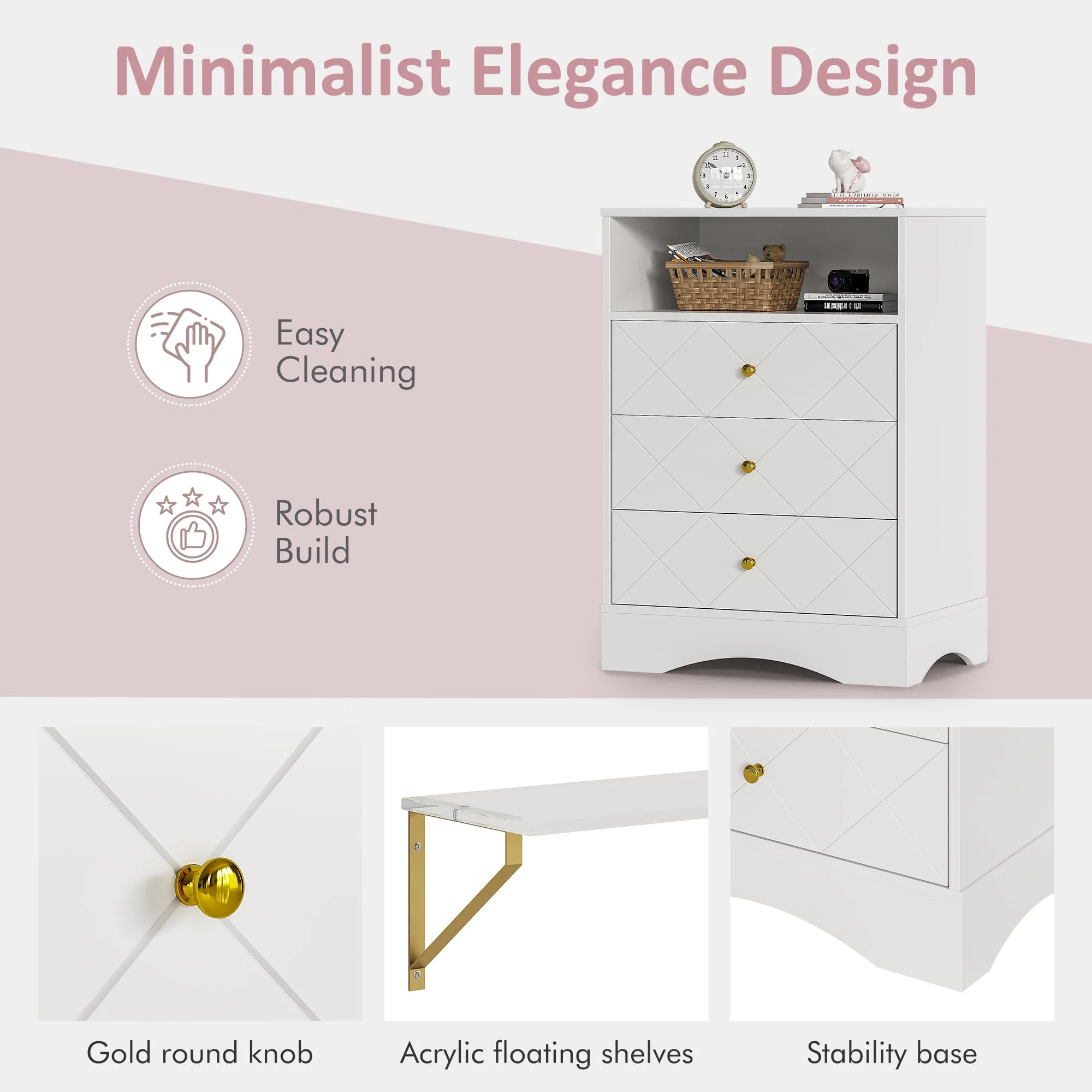 May Color Large White 3 Drawer Dresser Set of 2 with Fluted Panel, Modern Chest of Drawers with Silent Slide Drawers, Wood Accent Nightstand with Storage for Bedroom Living Room, Hallway - Image 104