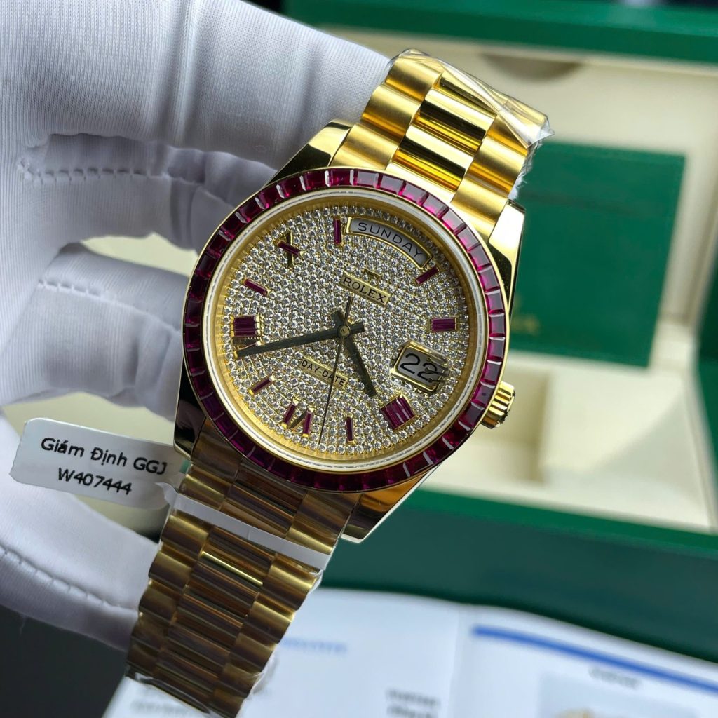 Rolex Day-Date Replica Watch Ruby Red + Moissanite Diamonds Gold Wrapped GM Factory 40mm - Elite Watch Atelier
