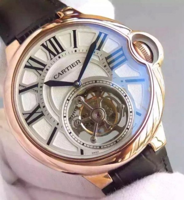 Replica Cartier Ballon de Cartier 46MM Tourbillon RG White Dial Leather Strap Flying Tour - Elite Watch Atelier
