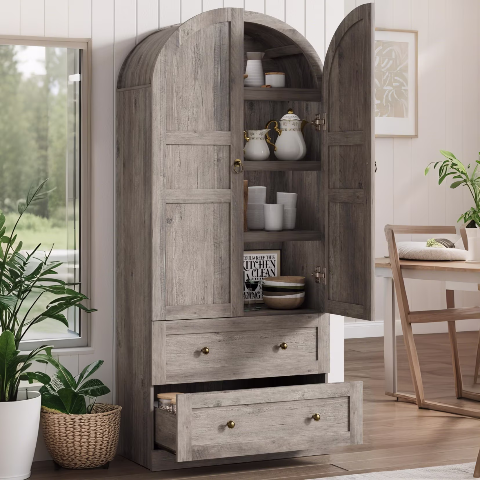 Luku 72" Tall Arched Kitchen Pantry Cabinet, Farmhouse Wood Storage Cabinet with Glass Door, 2 Large Drawers, Freestanding Organizer for Dining Room & Living Room - Image 3