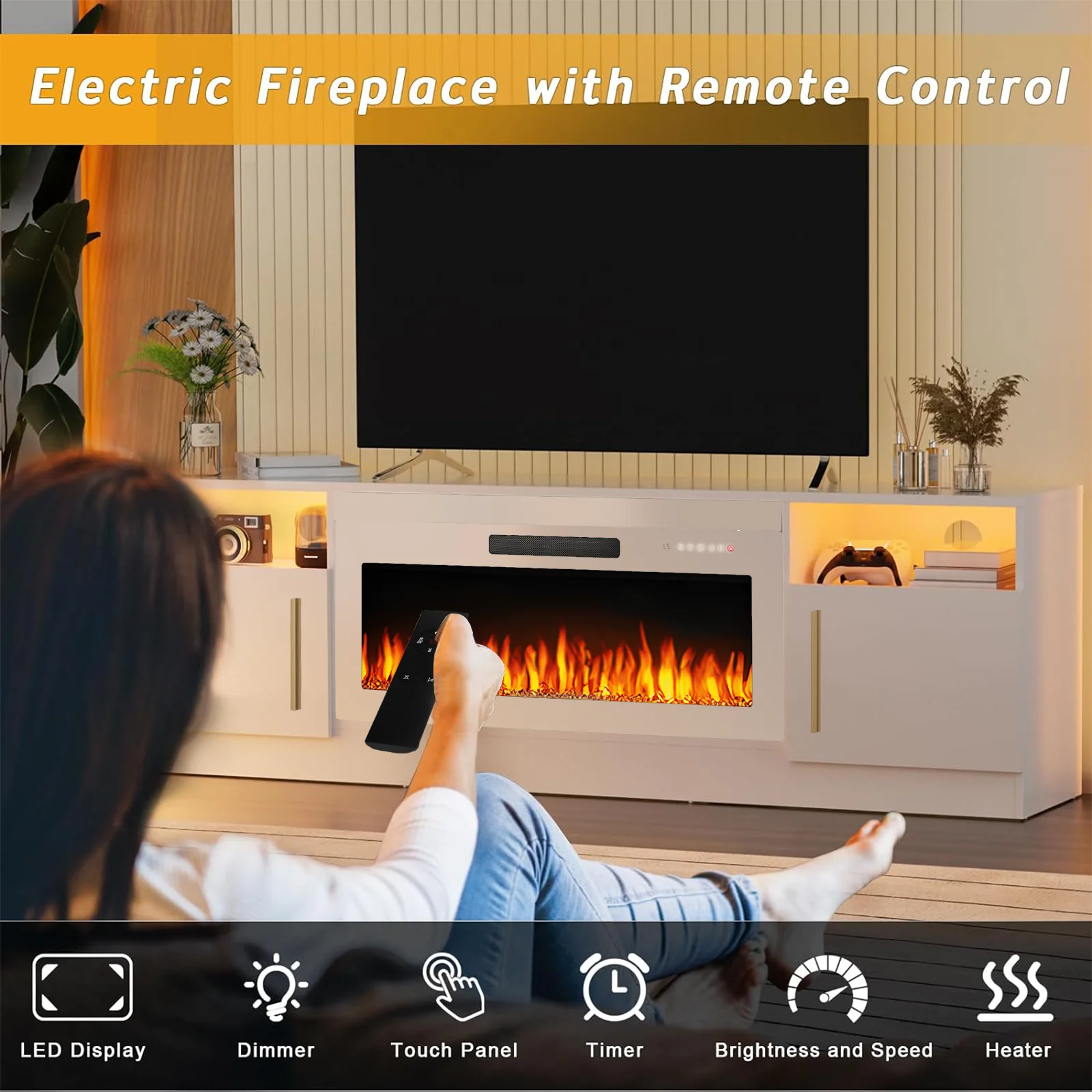 Waleaf Fireplace TV Stand with 36" Electric Fireplace Up to 80" TVs, Modern Wood Media TV Console with Highlight Cabinet, White - Image 36