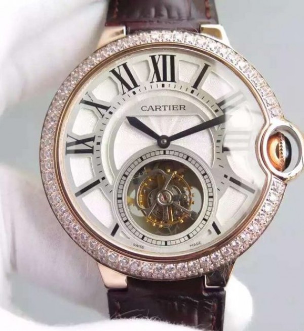 Replica Cartier Ballon Bleu Tourbillon RG Diamond Bezel Brown Leather Strap - Top club