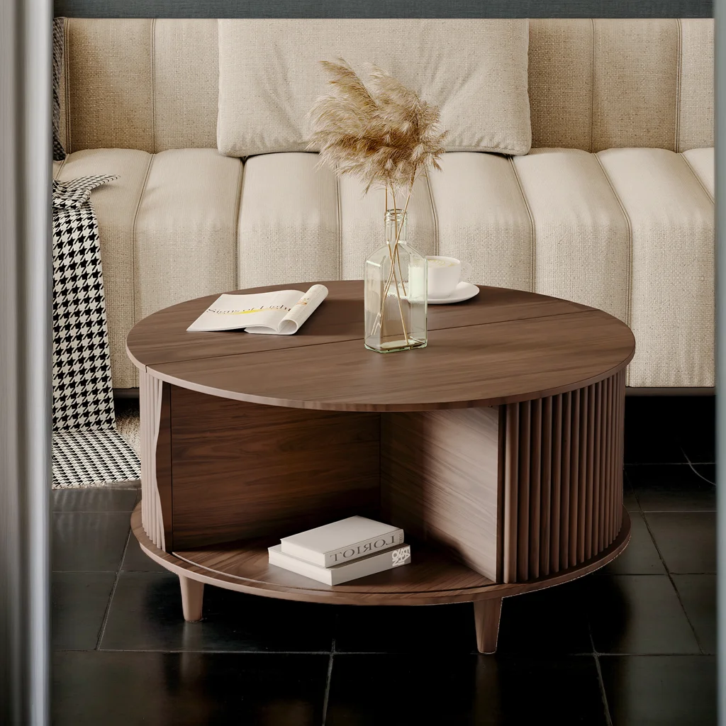 JOINICE Round Coffee Table with Storage and Sliding Door,Mid Century Modern Wooden Center Table,for Living Room,Walnut - Image 8