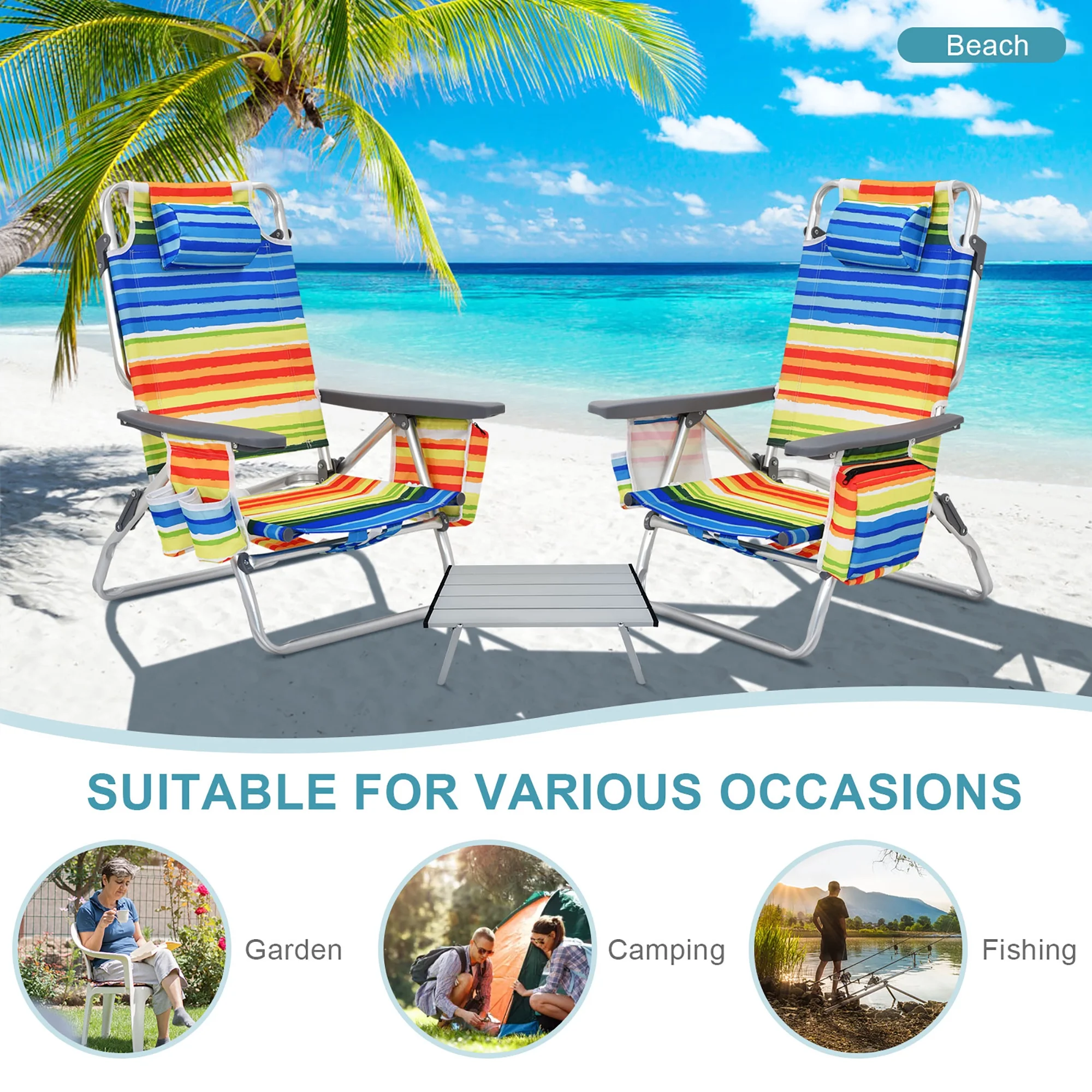 Costway 2-Pack Folding Backpack Beach Chair Table Set 5-Position Outdoor Reclining Chair Pink - Image 54