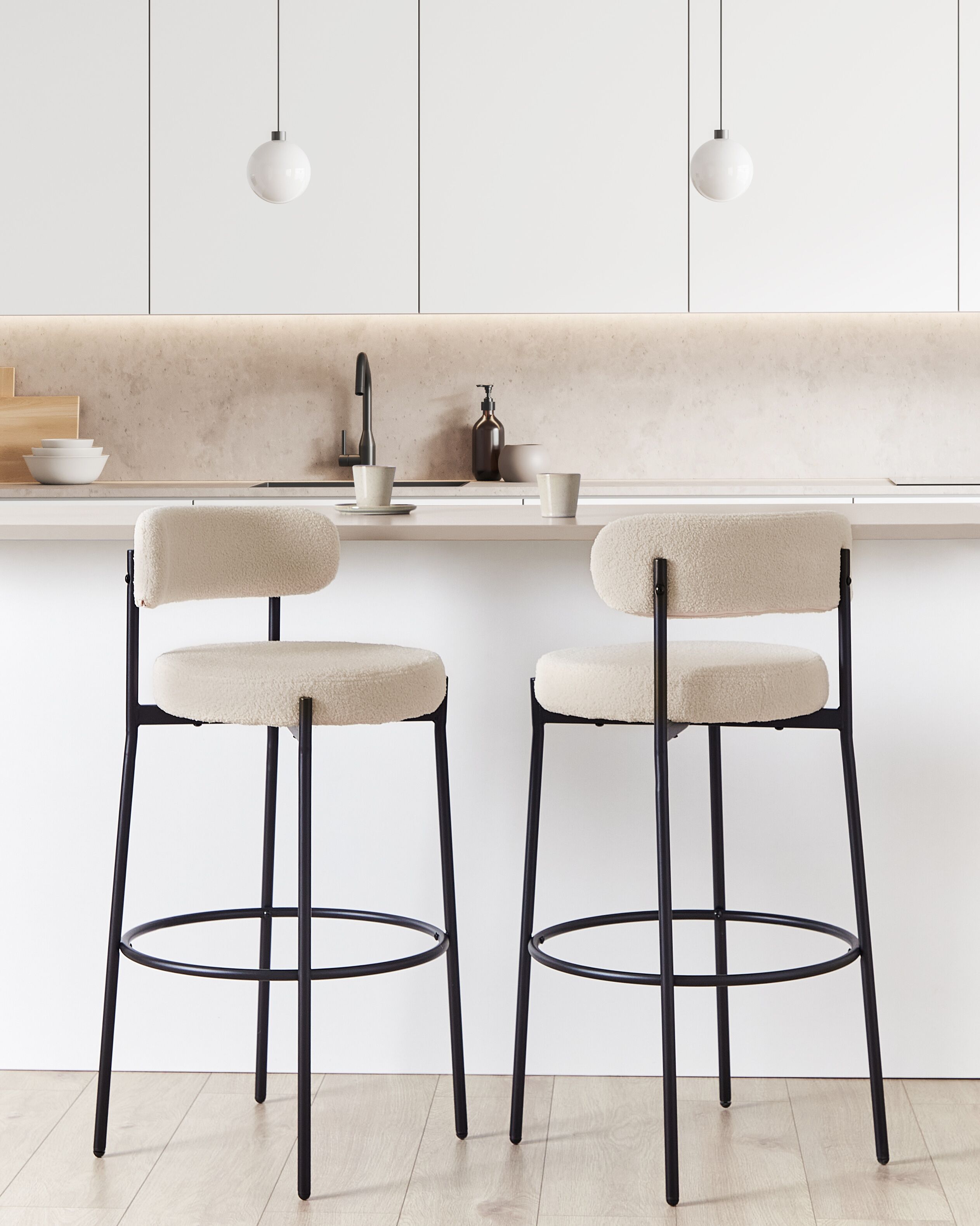 Set of 2 Bar Chairs ALLISON Boucle Light Beige
