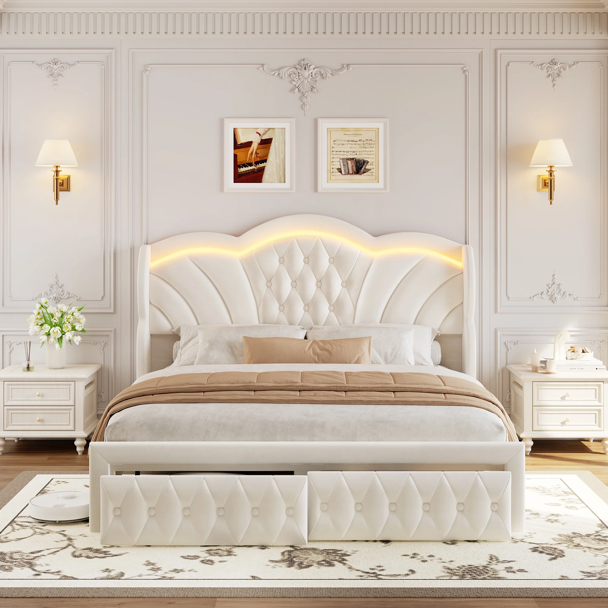 Hiphuta Modern Queen Bed Frame with 2 Drawers, LED Lights Platform Bed Frame, Sturdy Beds Frame with Upholstered Button Tufted Headboard, Velvet White - Image 10