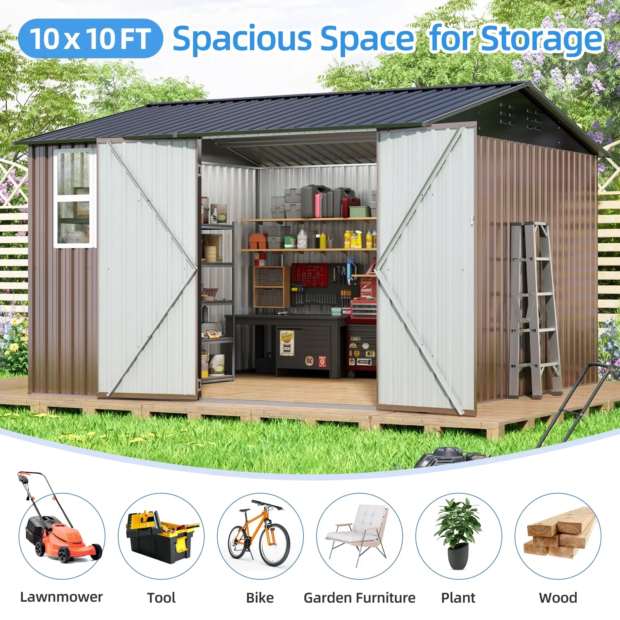 JAXPETY 10 x 10 ft Outdoor Metal Storage Shed With Window And Lockable Door - Brown - Image 6 JAXPETY 10 x 10 ft Outdoor Metal Storage Shed With Window And Lockable Door - Brown - Image 6