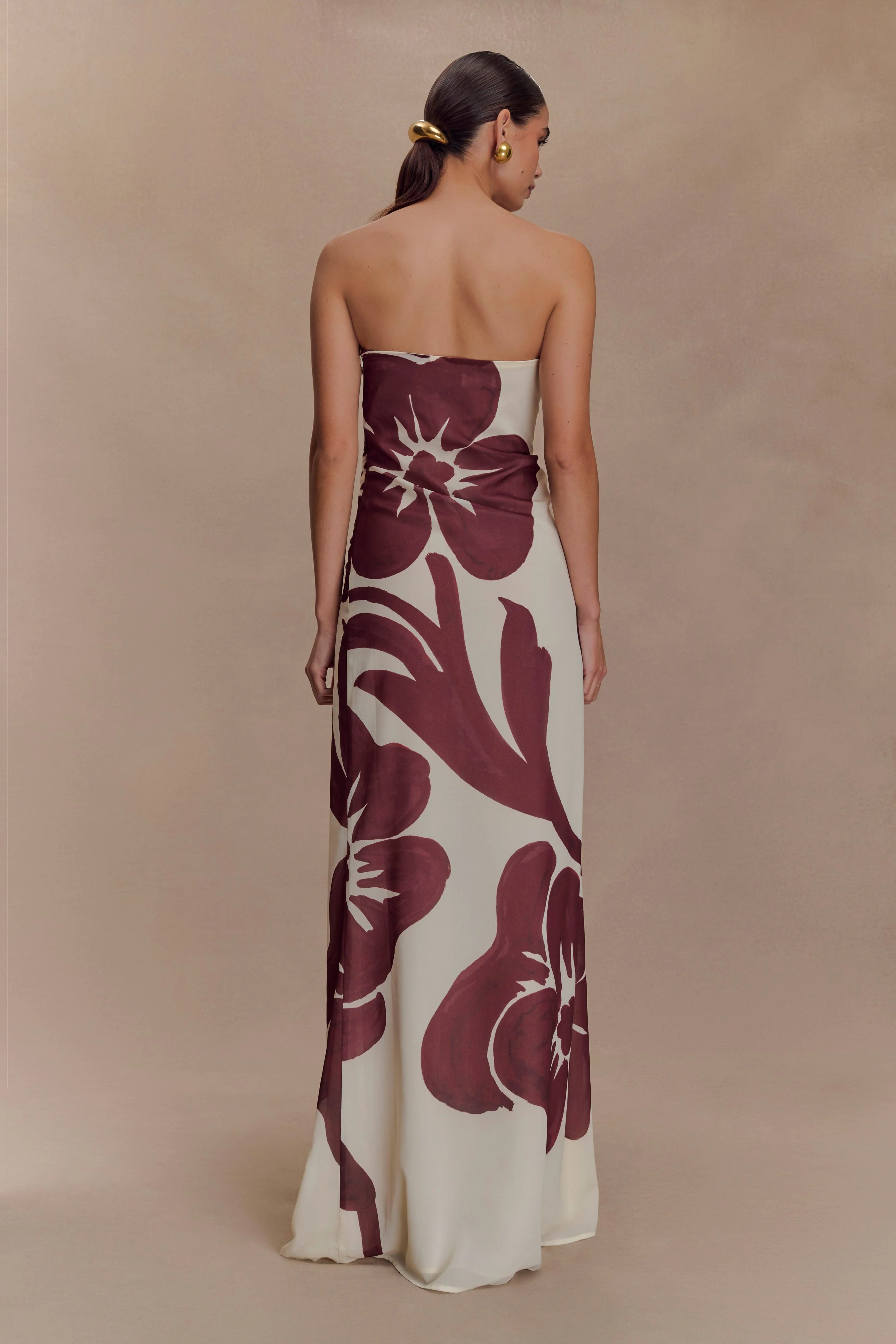 Amaya Strapless Chiffon Maxi Dress - Brown Deco Fleur Print