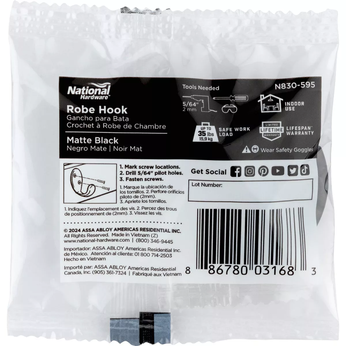 National Hardware Matte Black Robe Hook