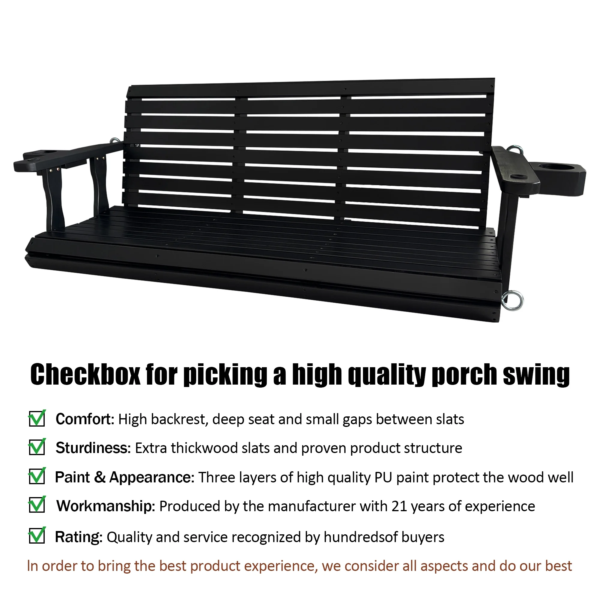 Fortune Candy 3 Person Outdoor Wood Hanging Swing, Heavy Duty 880 lbs Wood Porch Swing, Brown-5ft - Image 25