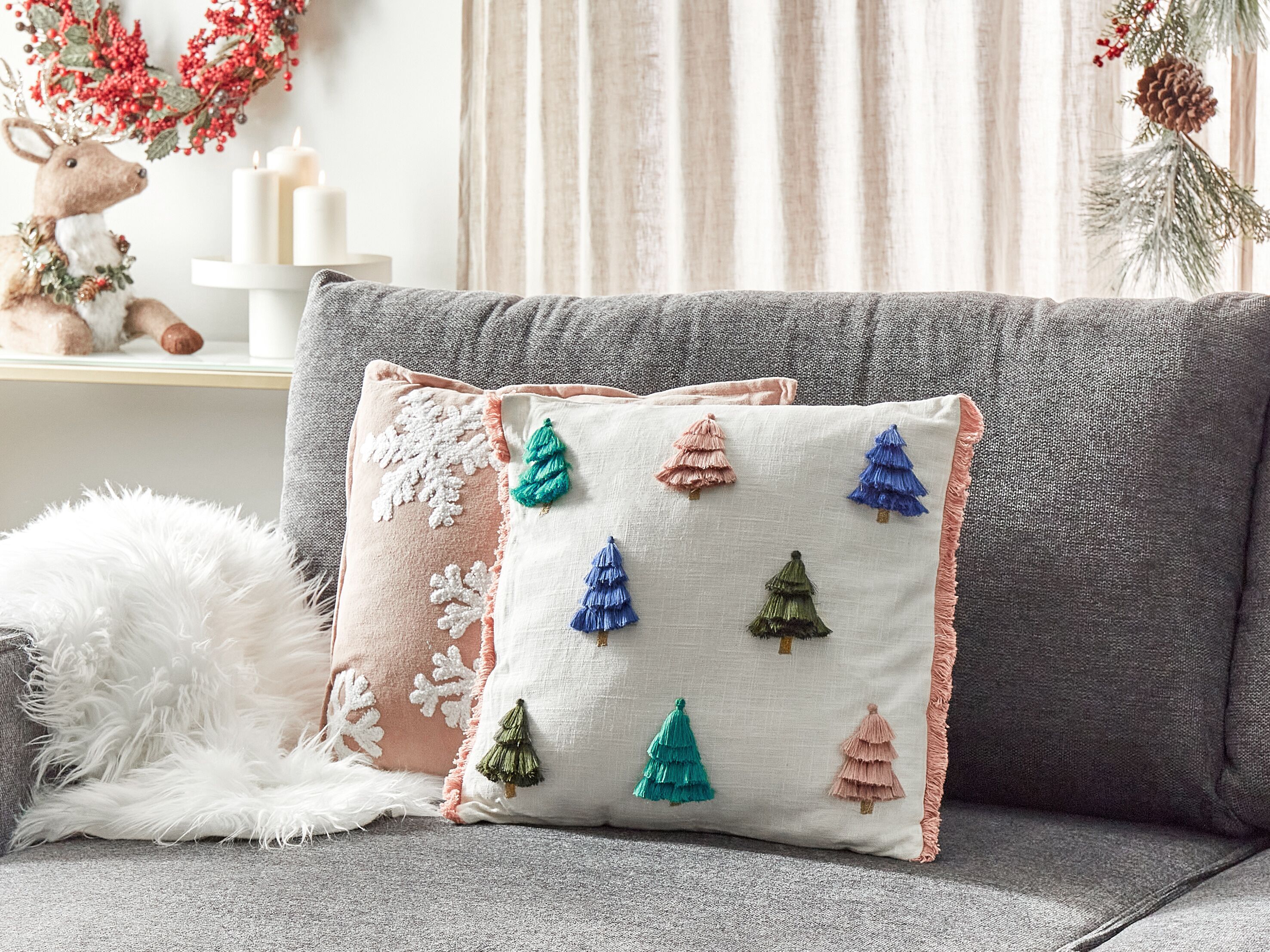 Throw Cushion SKIMMIA Cotton 45 x 45 cm White Christmas Motif