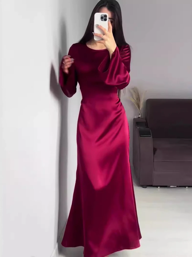 Elegant Satin High Waist Women Maxi Dress Bell Sleeve Lace Up Slim Banquet Mermaid Bodycon Dresses Throbbing in Autumn - AZJHJ