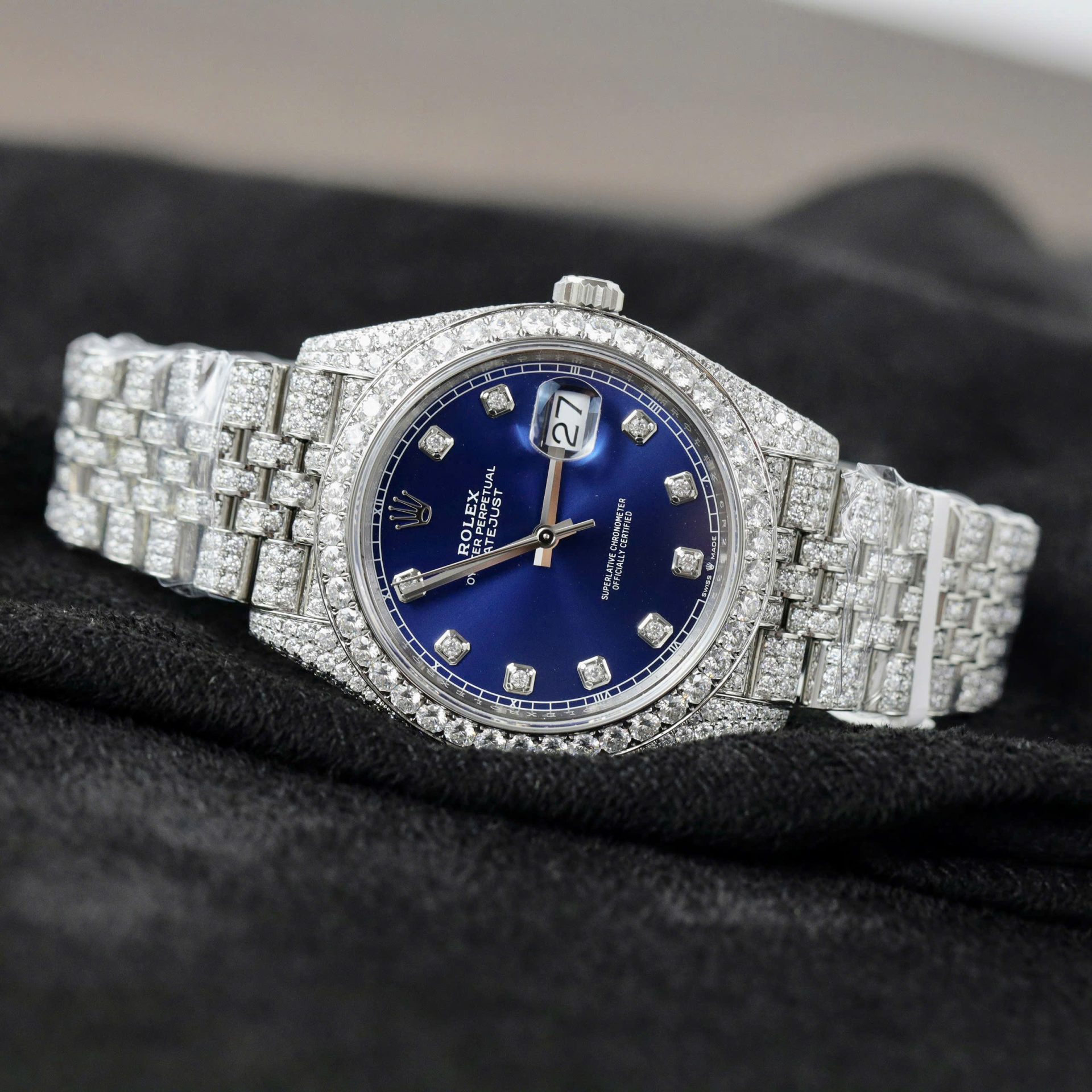Rolex DateJust Blue Dial Copies Watches Custom Moissanite Diamonds 36mm - Elite Watch Atelier