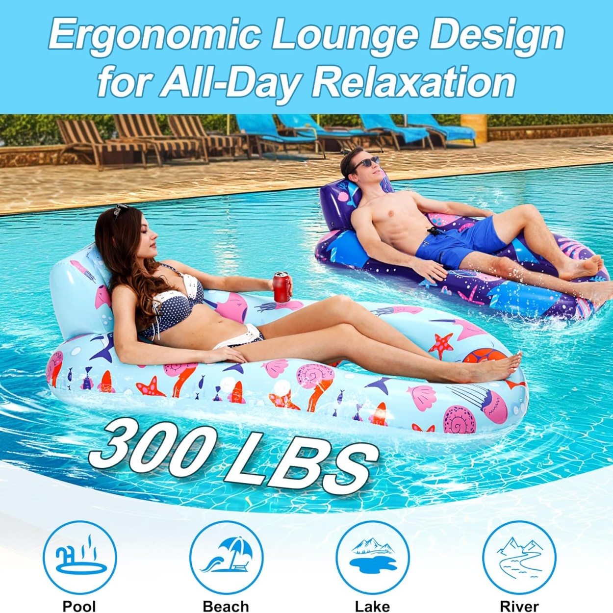 Extra Large Inflatable Pool Lounger Float Heavy Duty Cup Holder Backrest for Adults-Beach Party-Water Amusement Facilities