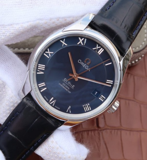Replica Omega V6 De Ville 41mm SS Blue Dial Black Leather Strap A8500 - Elite Watch Atelier