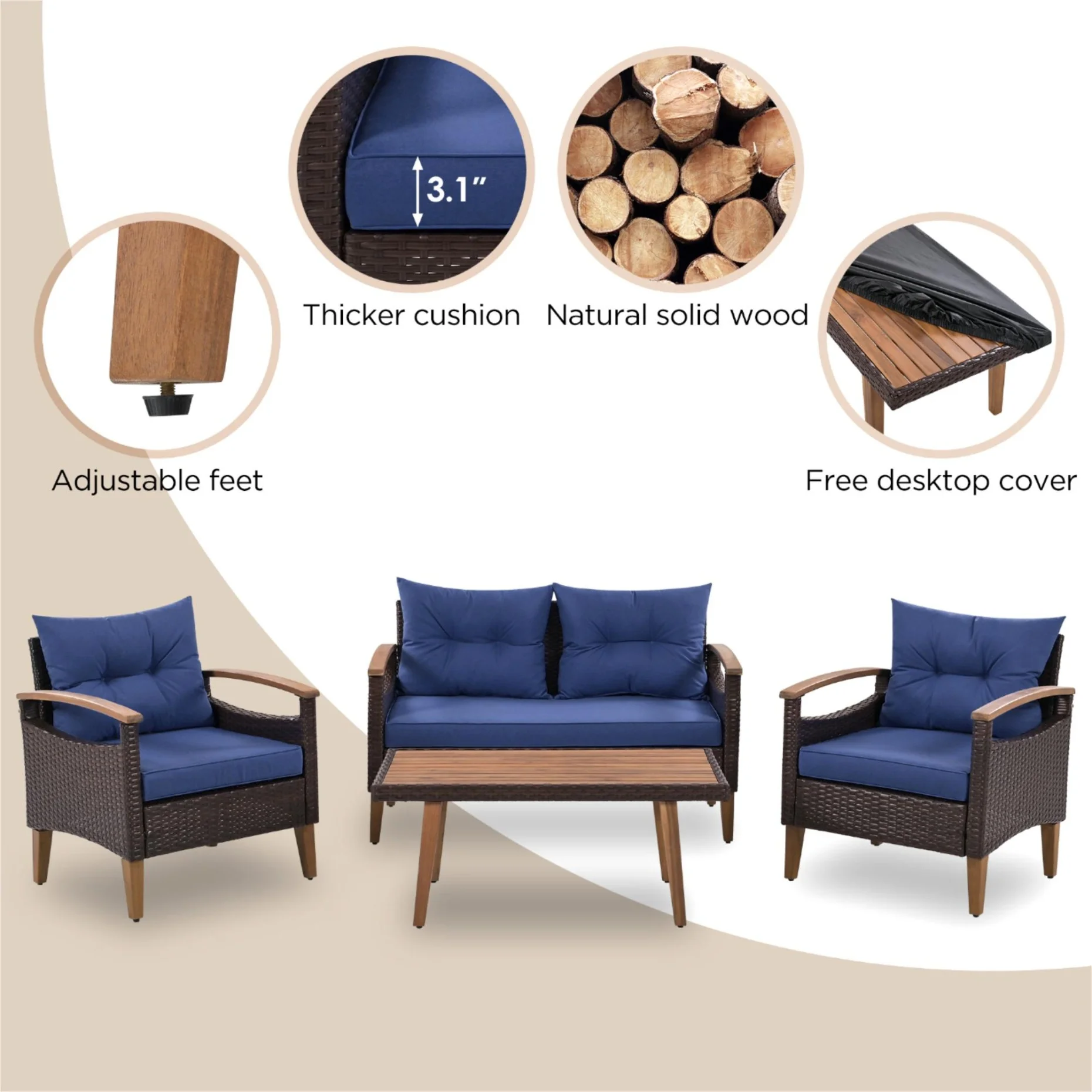 4 Piece Garden Furniture Set, Patio Seating Set with Wood Table, PE Rattan Sofa and 2 Chairs, Outdoor Conversation Set with Table Cover, Pillows and Adjustable Feet, Brown+Beige - Image 12