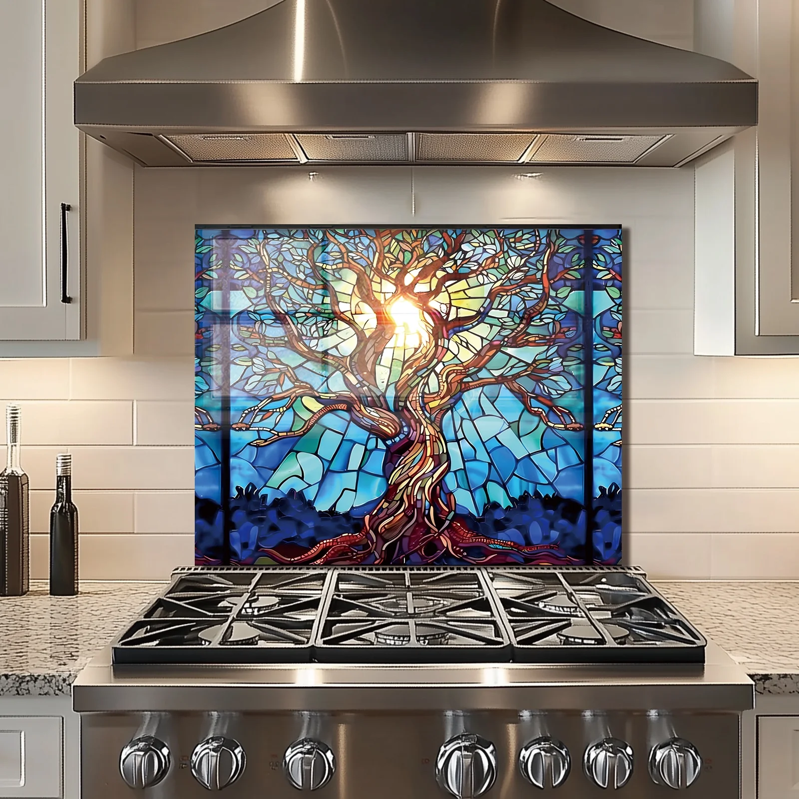 Mosaic Tree of Life Tempered Glass Backsplash For Kitchen Behind Stove,Stove Back Top Cover,Easy to Clean Glass Splashback, Sink Cover Splash Guard,Home Kitchen Wall Decor - Image 9
