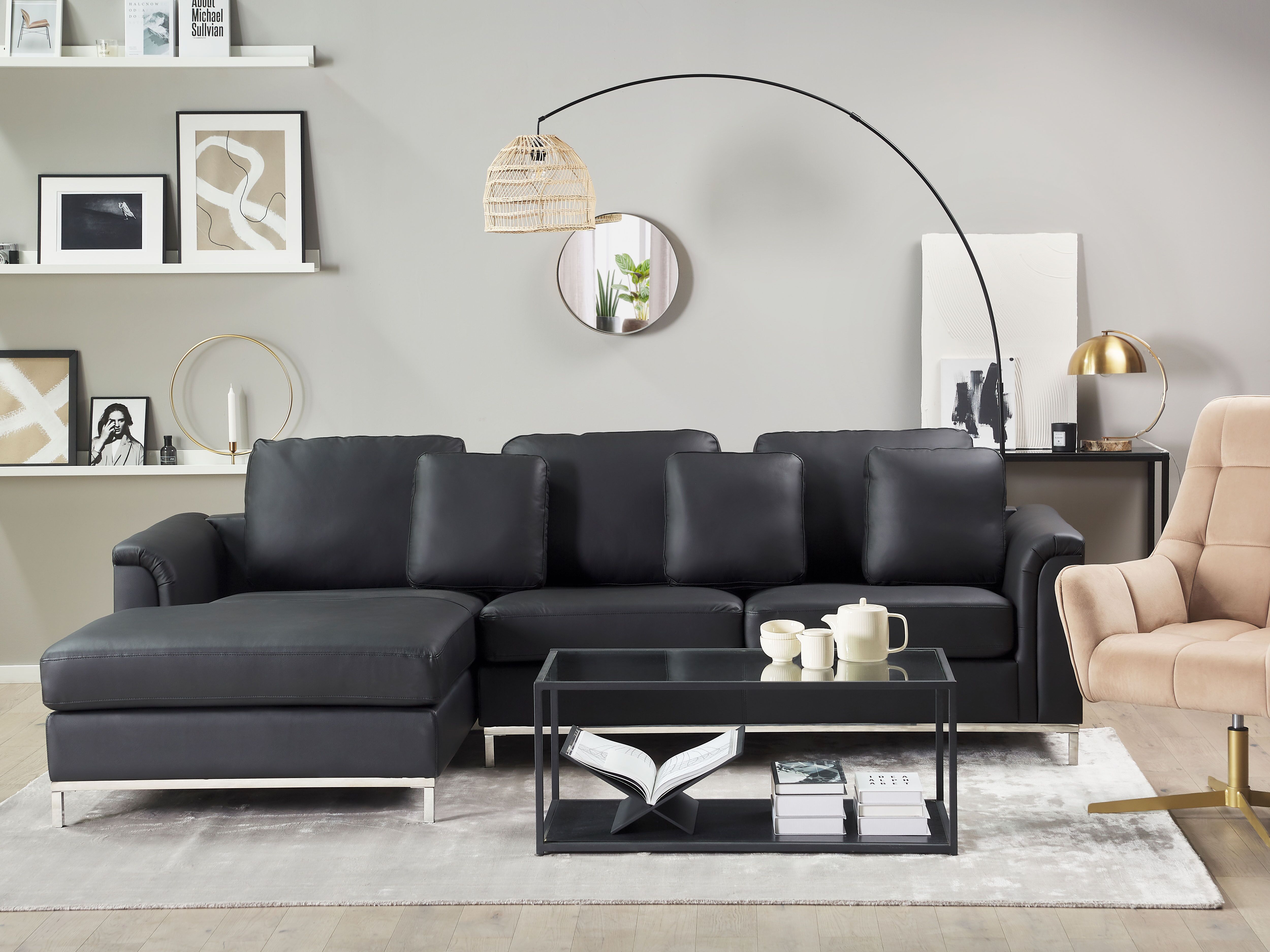 Corner Sofa 5 Seater OSLO Leather Black with Ottoman Right Hand