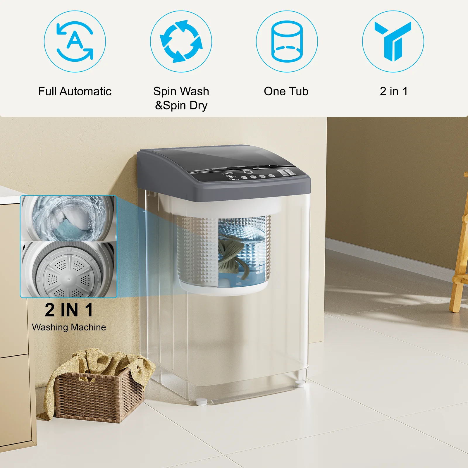 TABU Washer and Dryer Set, 17.6LBS Full Automatic Washing Machine & 8.8LBS Portable Dryer (Gray&White) - Image 30