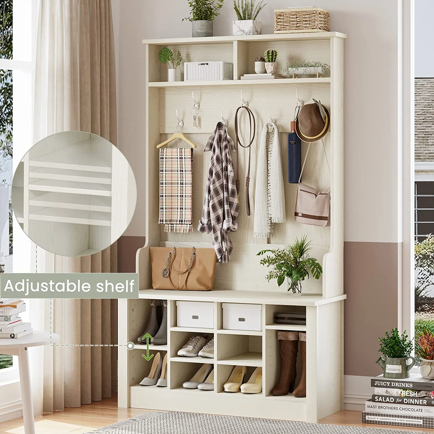 3 in 1 Hall Tree with Storage Bench, Entryway Tree Bench with Coat Rack, White