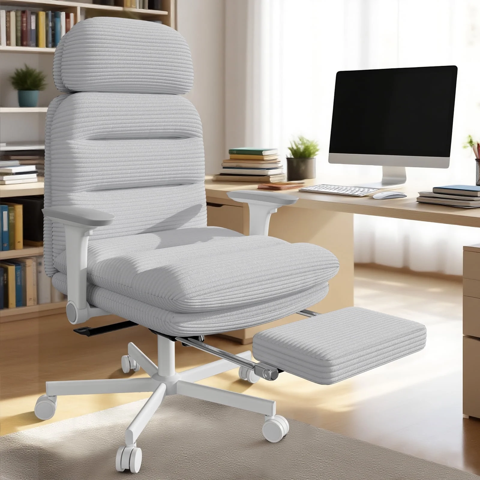 HomeZeer Ergonomic Cross-Legged Office Chair with Footrest & Headrest, Heavy Duty Executive Desk Chair with Flip-up Armrests, Corduroy Fabric Computer Criss Cross Chair for Home Office, Black - Image 17