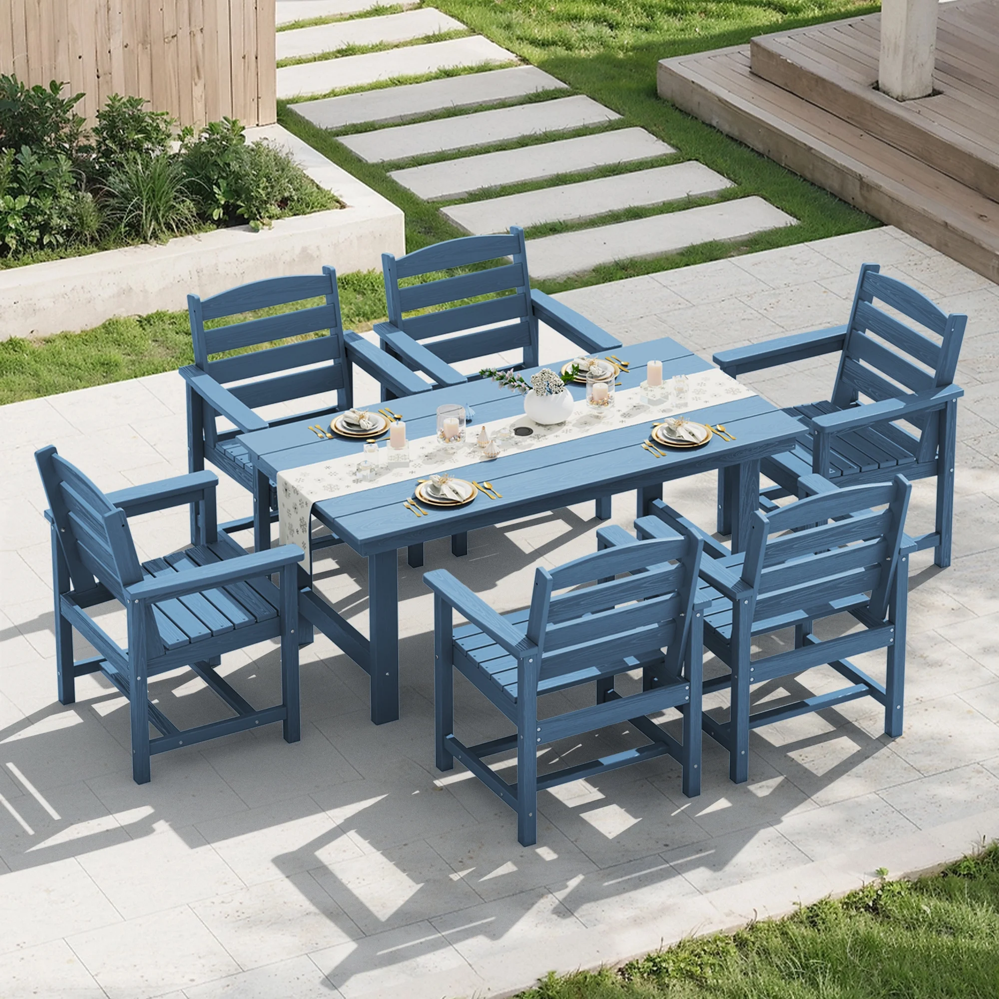 KINGYES 7-Piece Outdoor Dining Set, HDPE Patio Table and Chairs with Umbrella Hole, Gray - Image 42