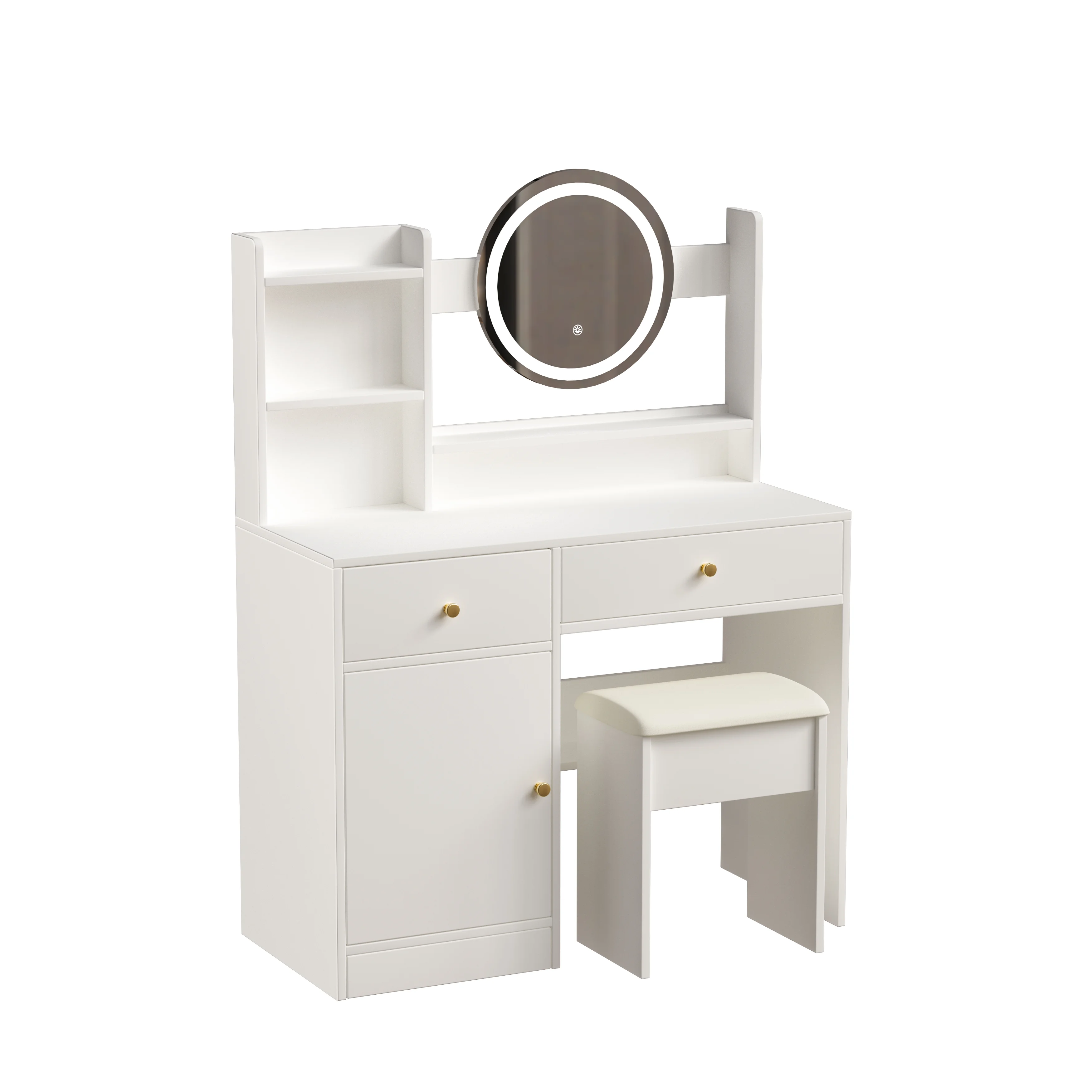 Montary Modern Mini Vanity w/Adjustable LED Mirror + Hidden Storage, Padded Stool & Dustproof Shelves (White) - Image 113