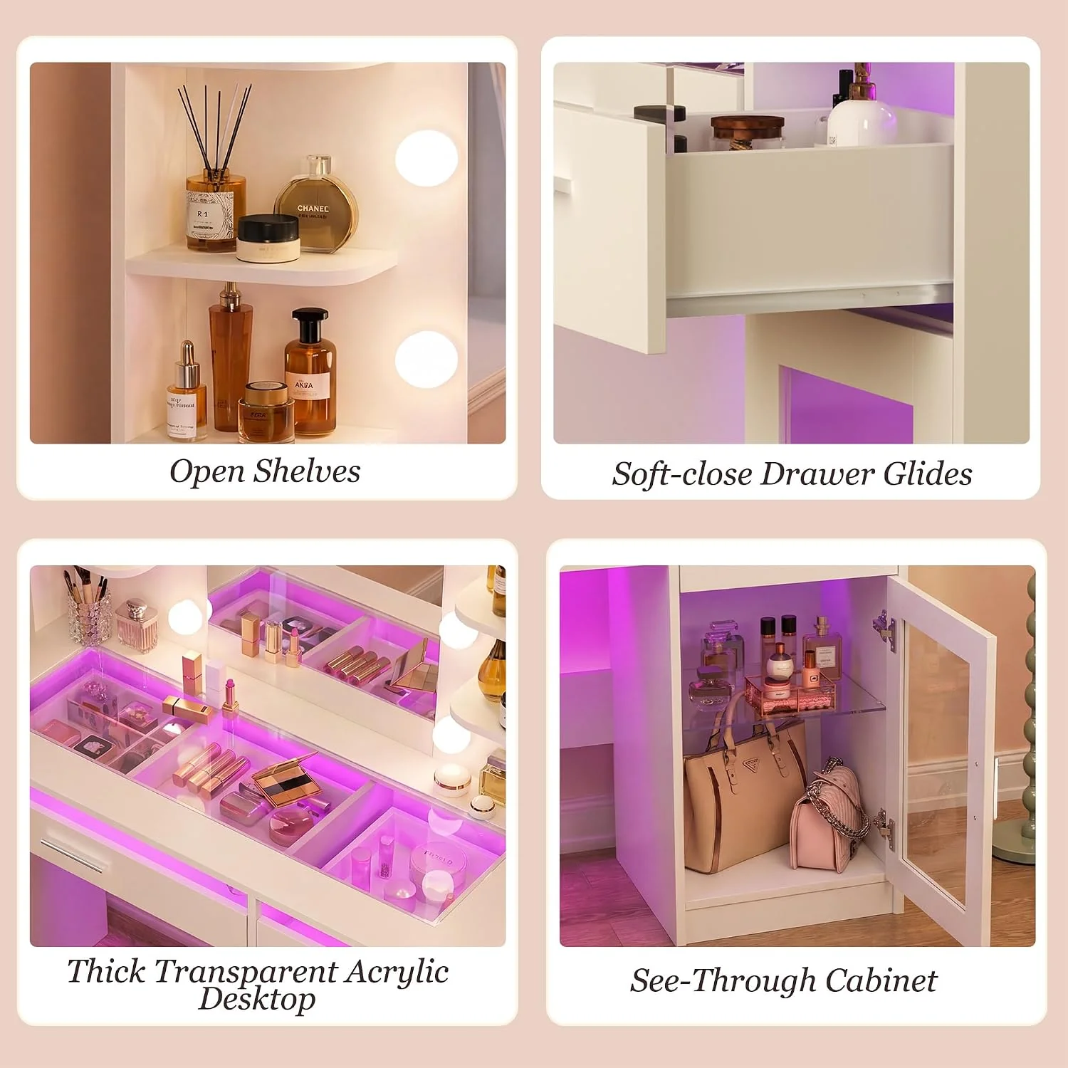 Fixwal Vanity Desk with Mirror and Lights, Makeup Vanity Table with RGB Drawers, 3-Color LED Lighting, Tempered Glass Top, 6 Shelves, Power Outlet, 35.4"W x 15.7"L x 55.1"H - Image 6 Fixwal Vanity Desk with Mirror and Lights, Makeup Vanity Table with RGB Drawers, 3-Color LED Lighting, Tempered Glass Top, 6 Shelves, Power Outlet, 35.4"W x 15.7"L x 55.1"H - Image 6