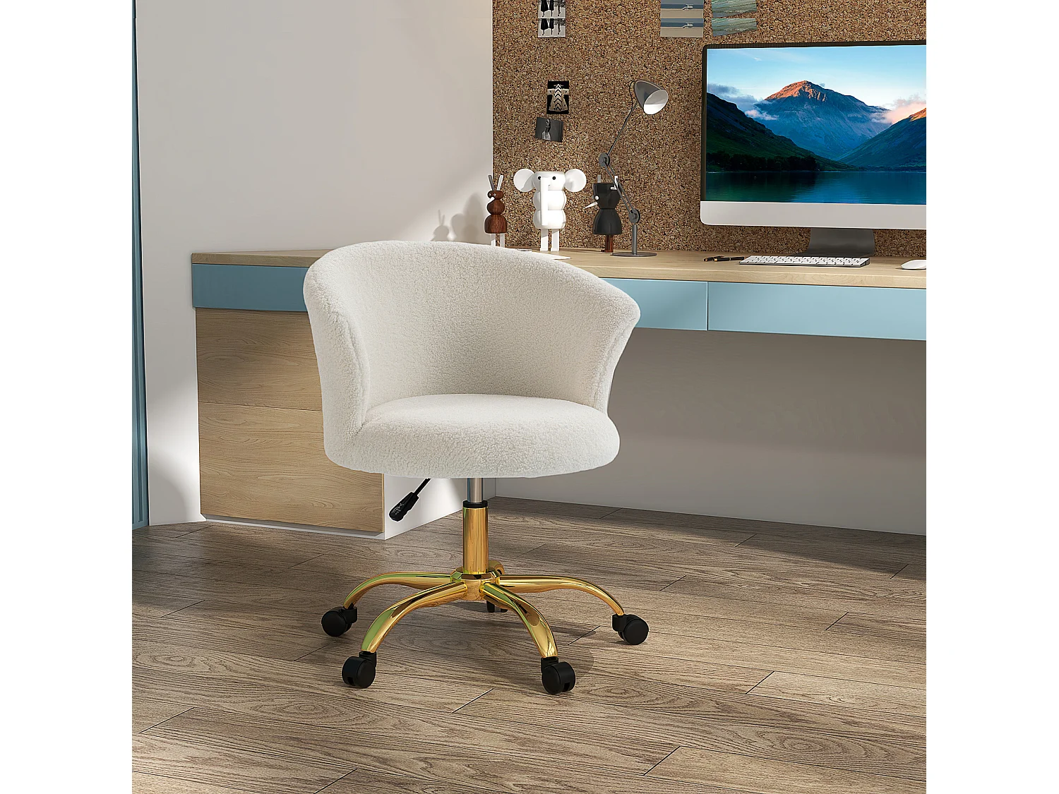 Chaise de bureau design effet courte laine bouclée piètement métal doré blanc