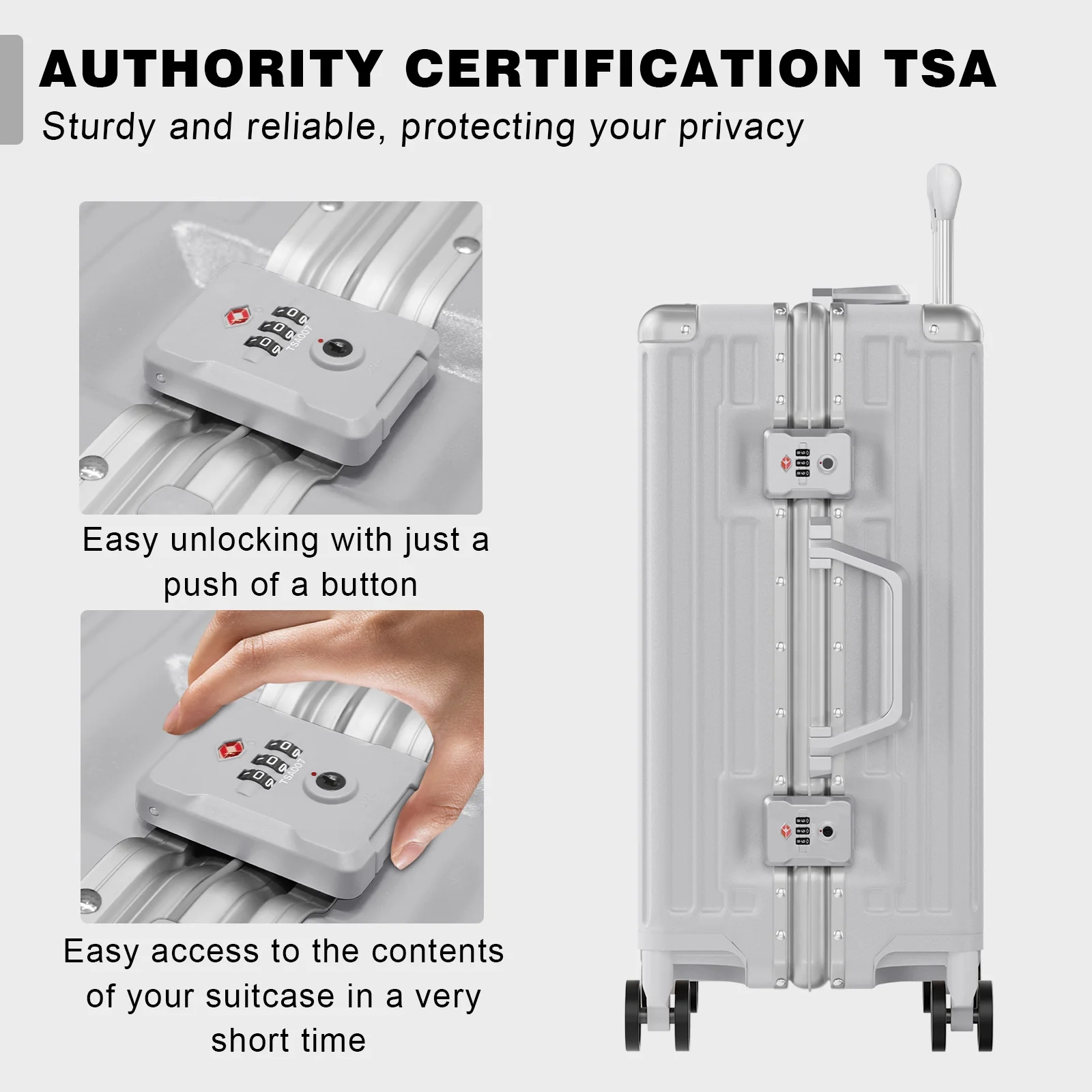 Luggage Aluminium Frame PC ABS Hardshell Suitcase with Spinner Wheels TSA Lock Zipperless Luggage 28 inch Silver - Image 3