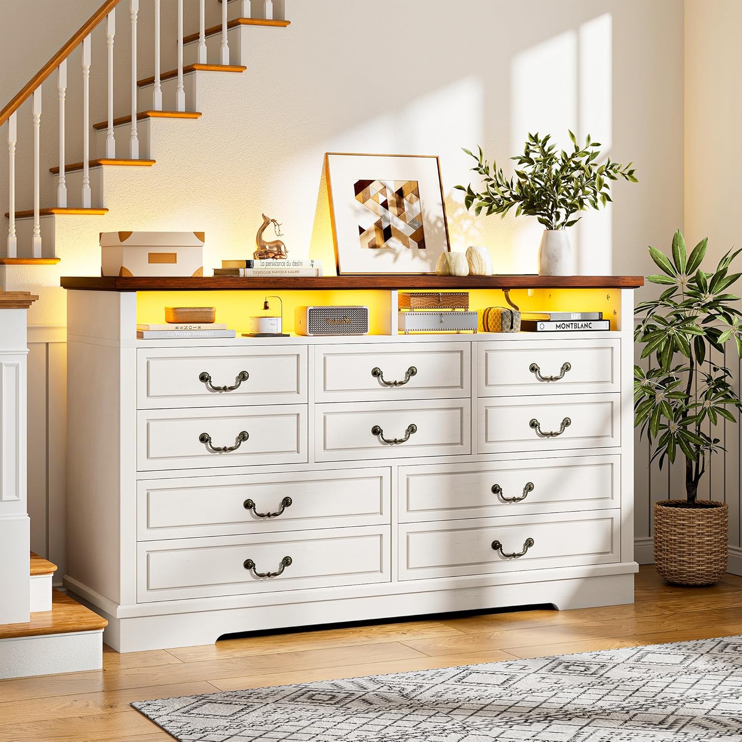 EnHomee 10 Drawers Dresser for Bedroom 55.2''Wide Wood Dresser White with LED & Power Outlet Large Space Saver & Chests of Drawers for Hallway, 55.2