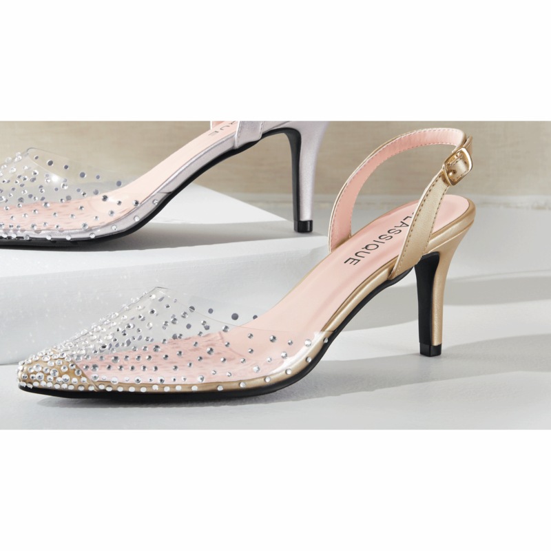 Classique Rhinestone Vinyl Halter Pump with Clear Lucite Heel and Adjustable Strap - MIDNIGHT VELVET CATALOG