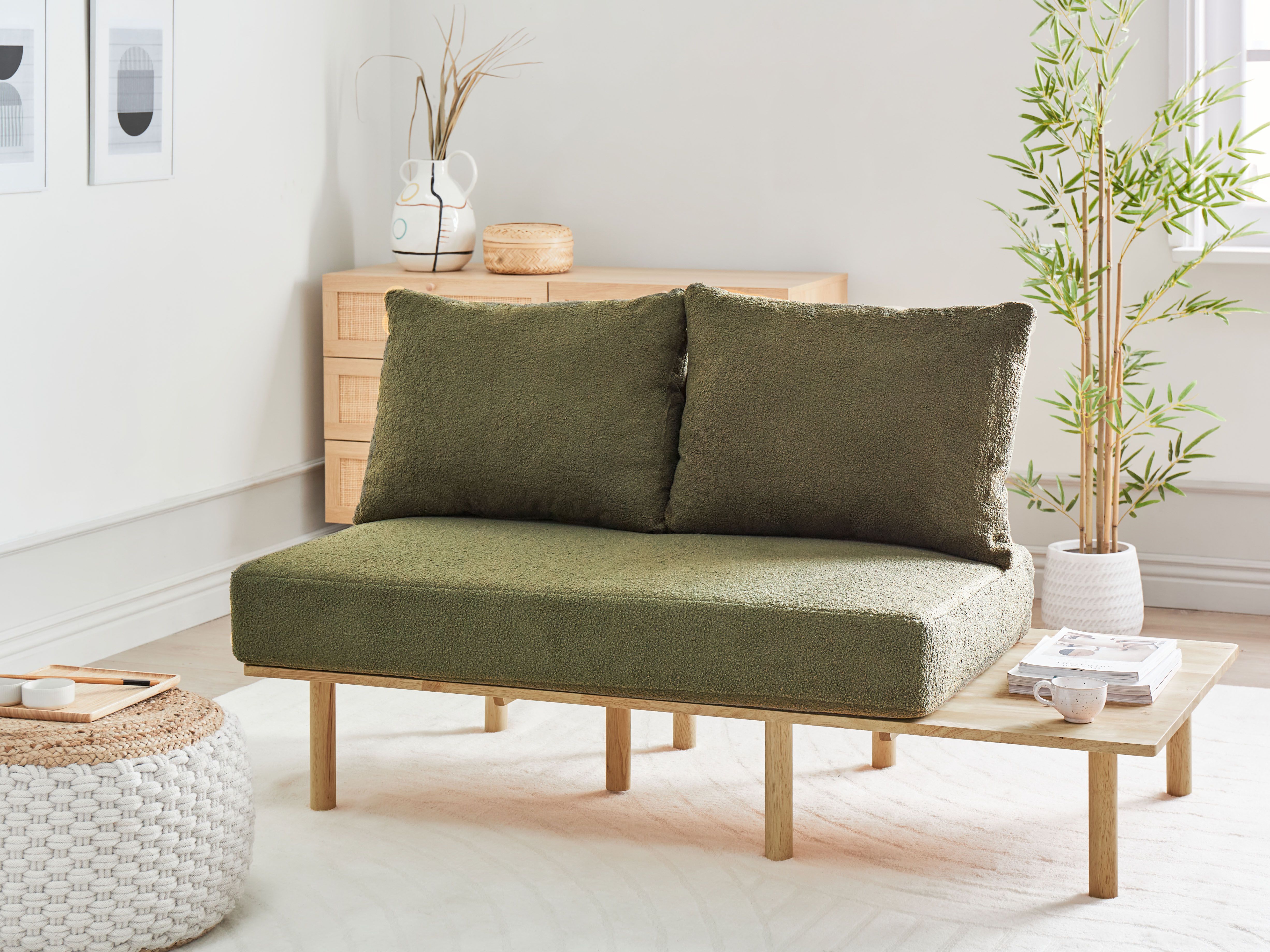 Sofa 2 Seater SALO Boucle Dark Green with Tables