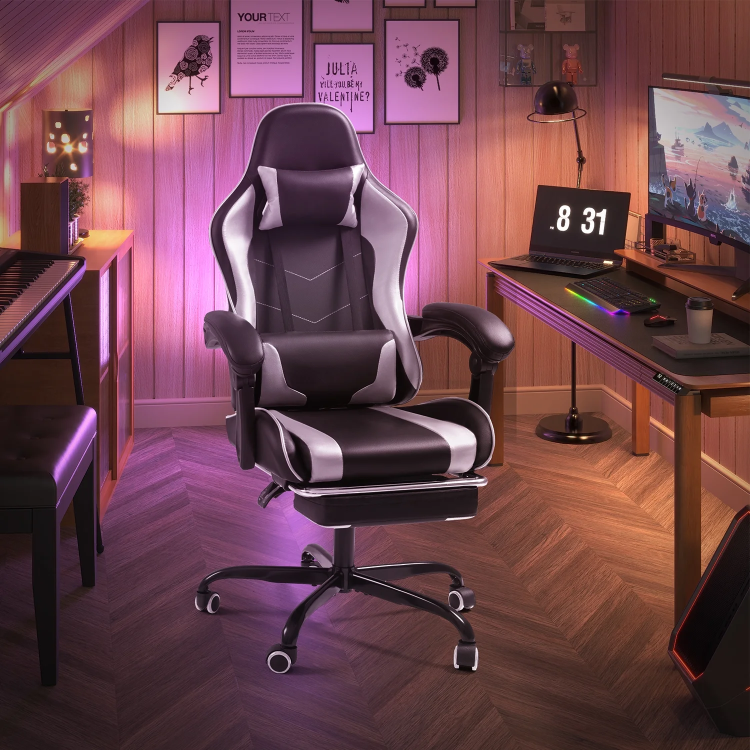 Lacoo PU Leather Gaming Chair Massage Ergonomic Gamer Chair Height Adjustable Computer Chair with Footrest & Lumbar Support, White - Image 14