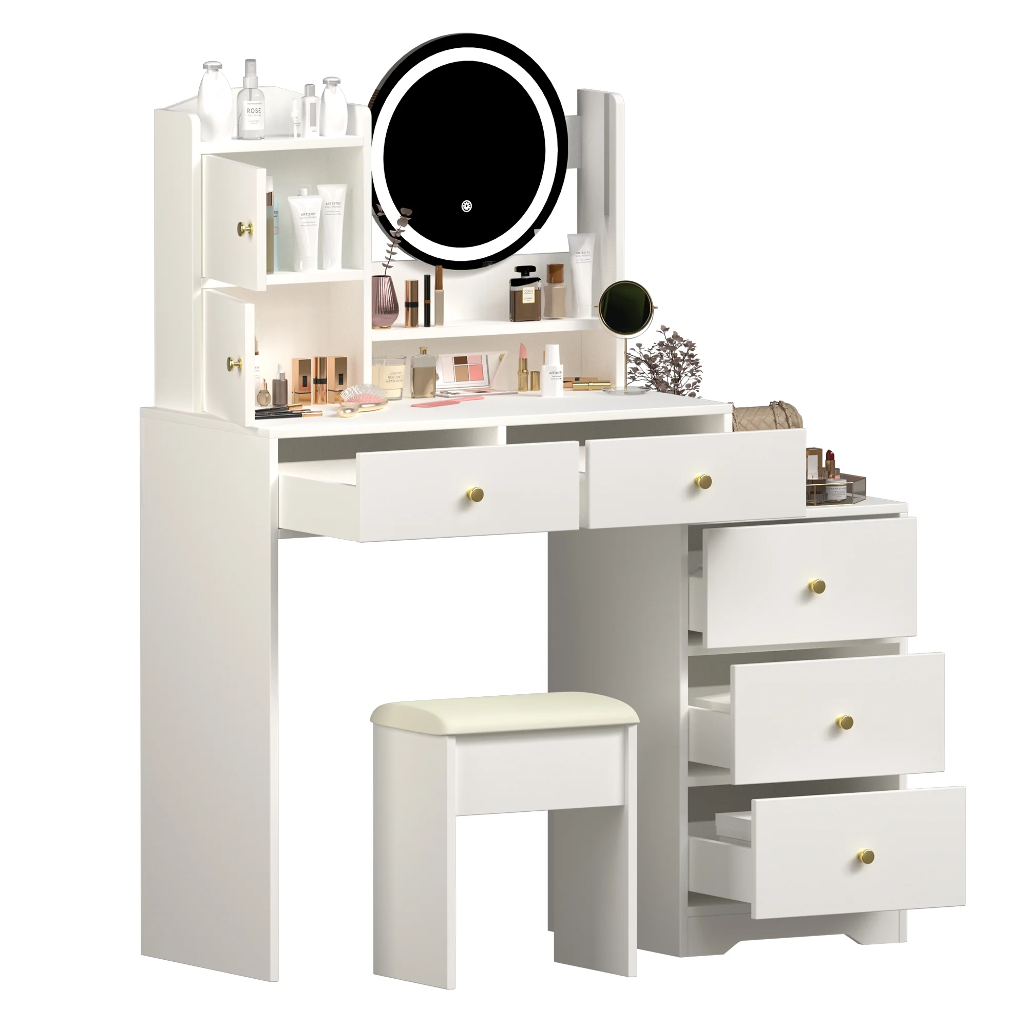Montary Modern Mini Vanity w/Adjustable LED Mirror + Hidden Storage, Padded Stool & Dustproof Shelves (White) - Image 74