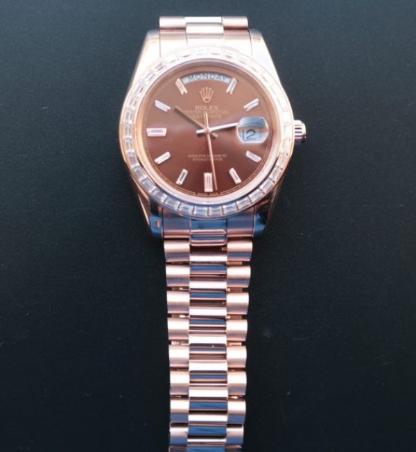 Replica Rolex Day-Date 41mm 218399 RG Brown Dial Diamonds Bezel RG Bracelet A3255 - Top club