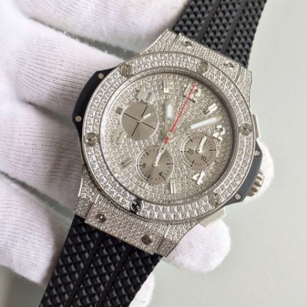Replica Hublot Big Bang Full Pave Chrono Diamonds Dial Black Rubber Strap A7750 - Elite Watch Atelier