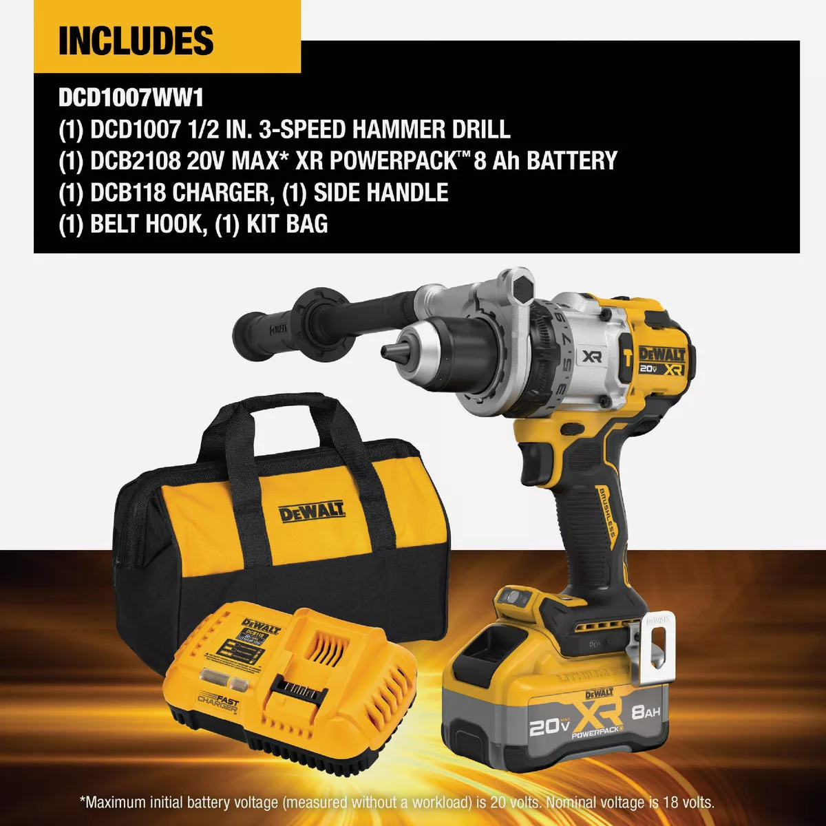 DEWALT 20V MAX XR Brushless 1/2 In. 3-Speed Cordless Hammer Drill Kit with 8.0 Ah Battery & Fast Charger